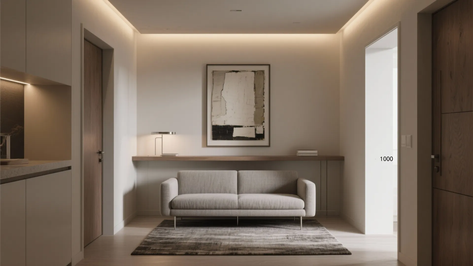 Modern minimalist room with beige sofa wooden shelf abstract painting and warm glowing hidden lights