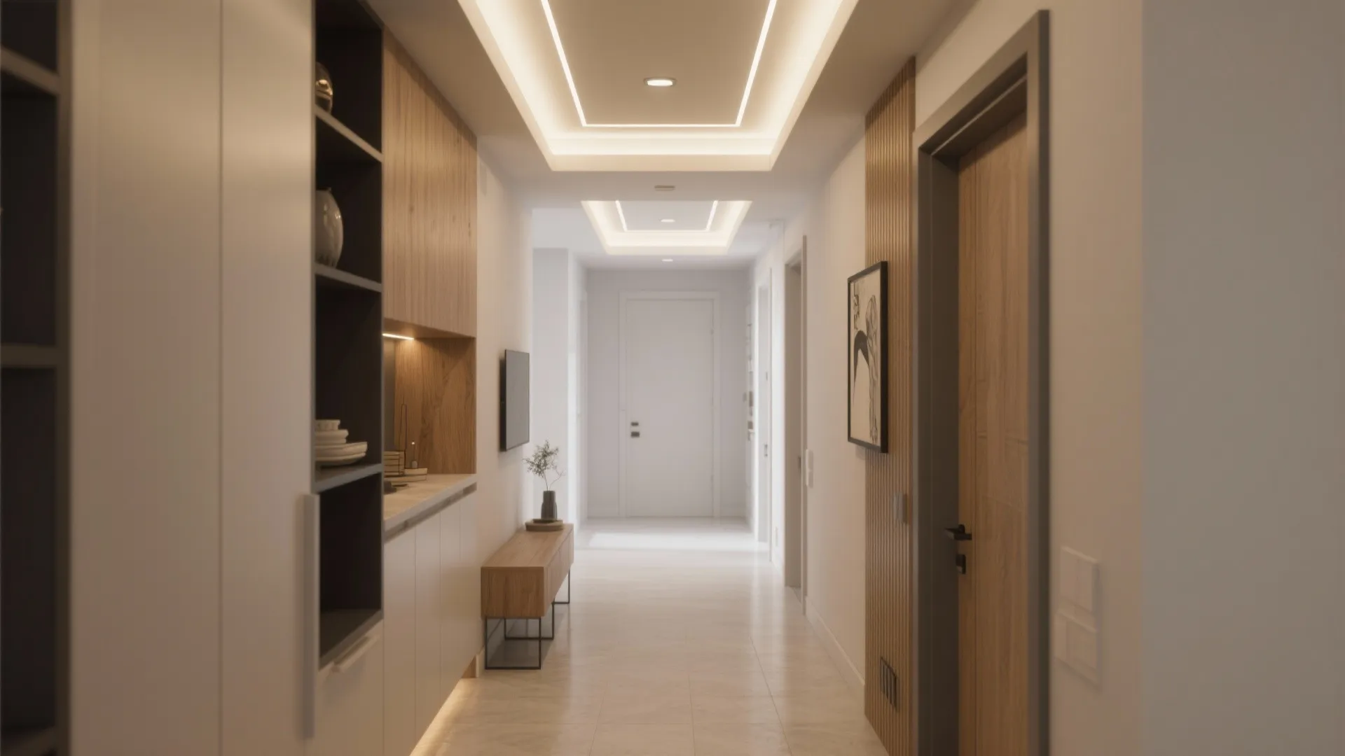 Narrow white hallway featuring wooden cabinets wall panels and square recessed ceiling lights for space