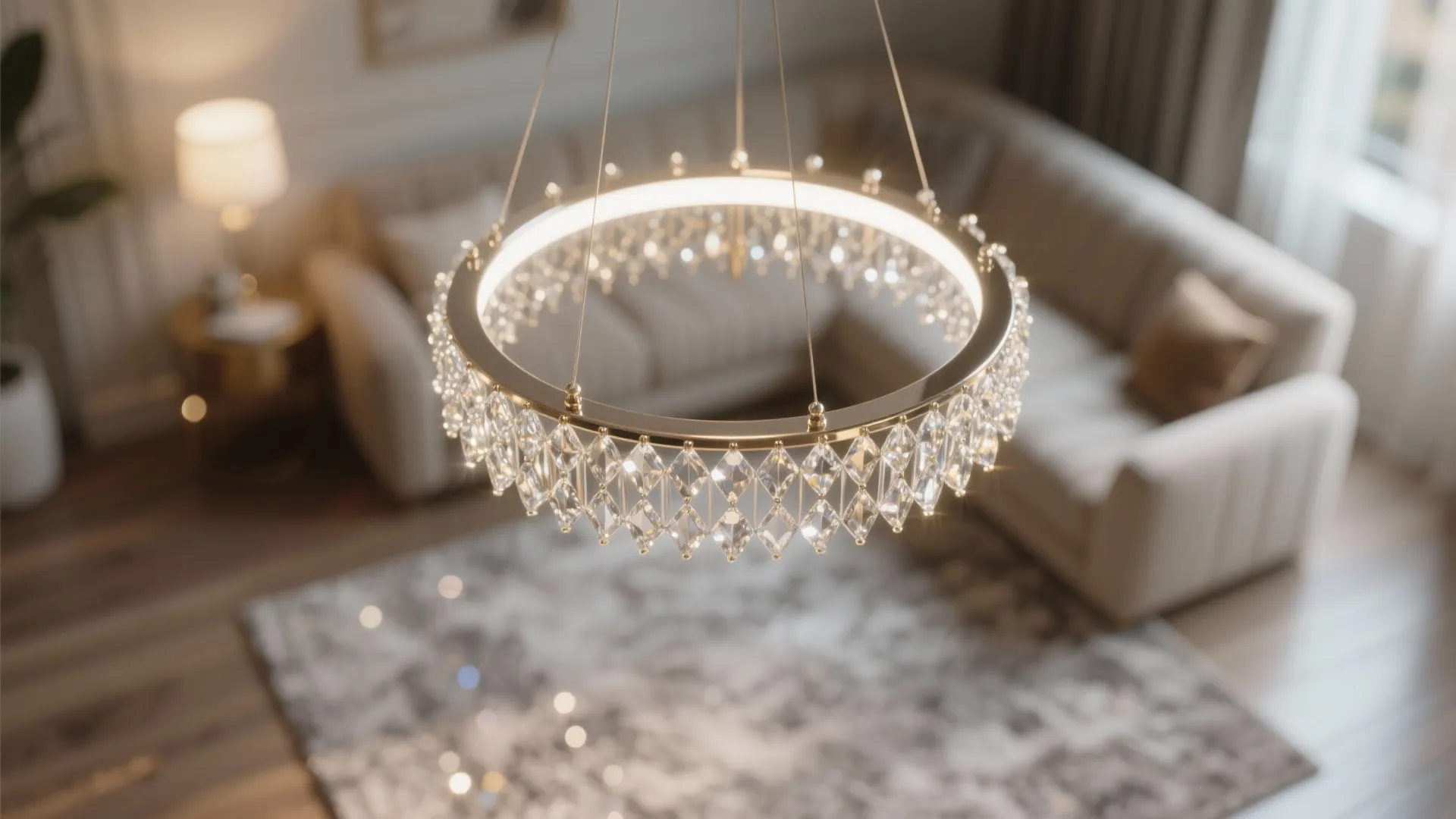 5. Compact crystal or halo chandelier for elevated glamour