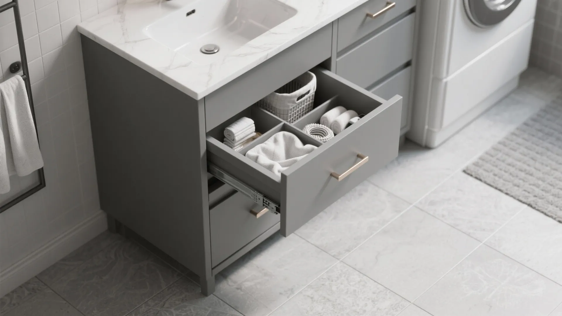 5. Compact vanity with built-in laundry sort