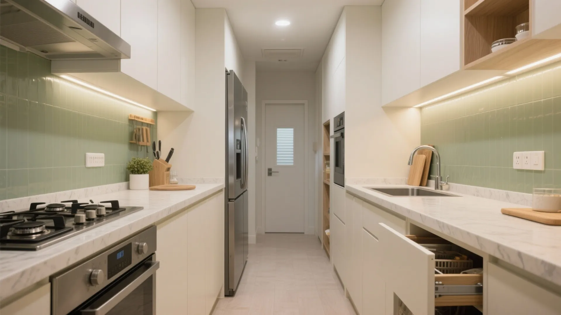 Modern small kitchen with parallel white cabinets, green tiled walls, marble countertops, and gas stove