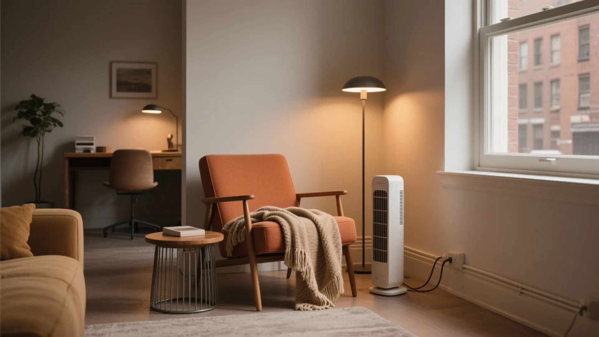 Cozy orange armchair with blanket next to white tower heater floor lamp and side table