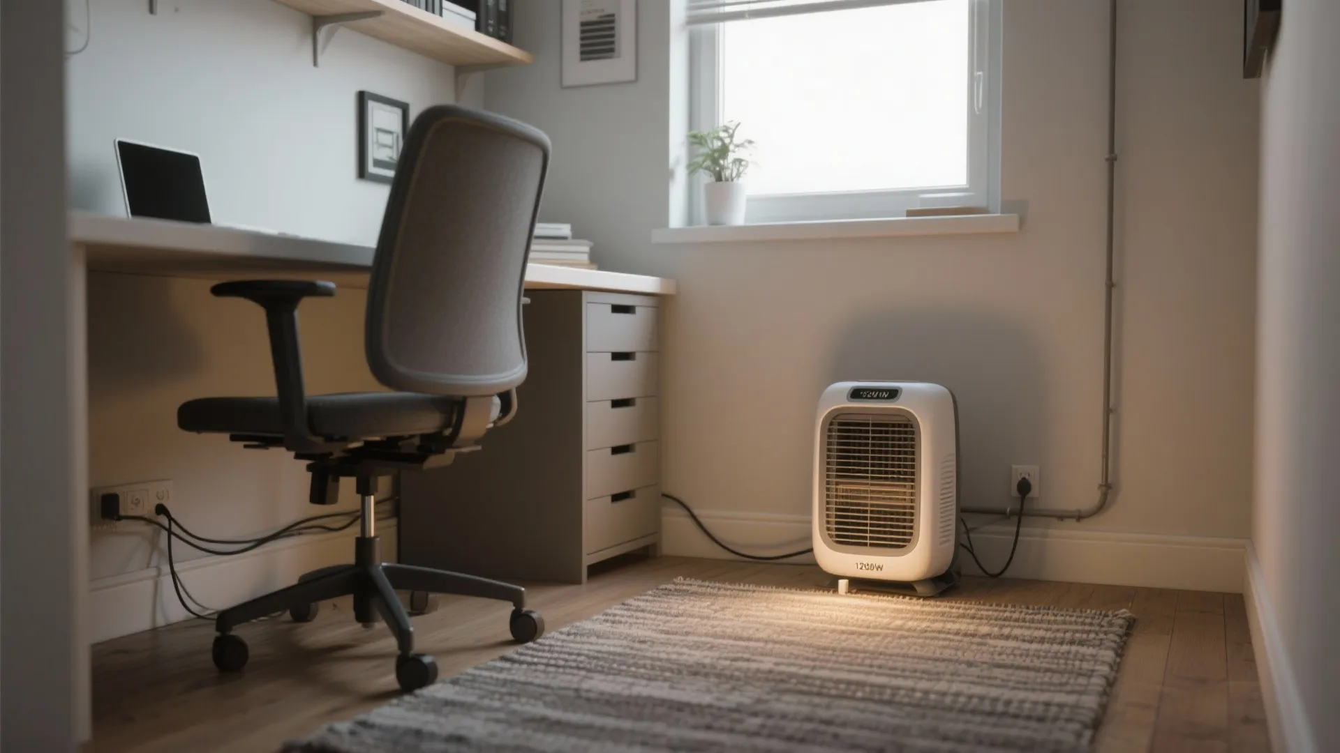 Small portable white space heater on a rug in a modern office with desk chair