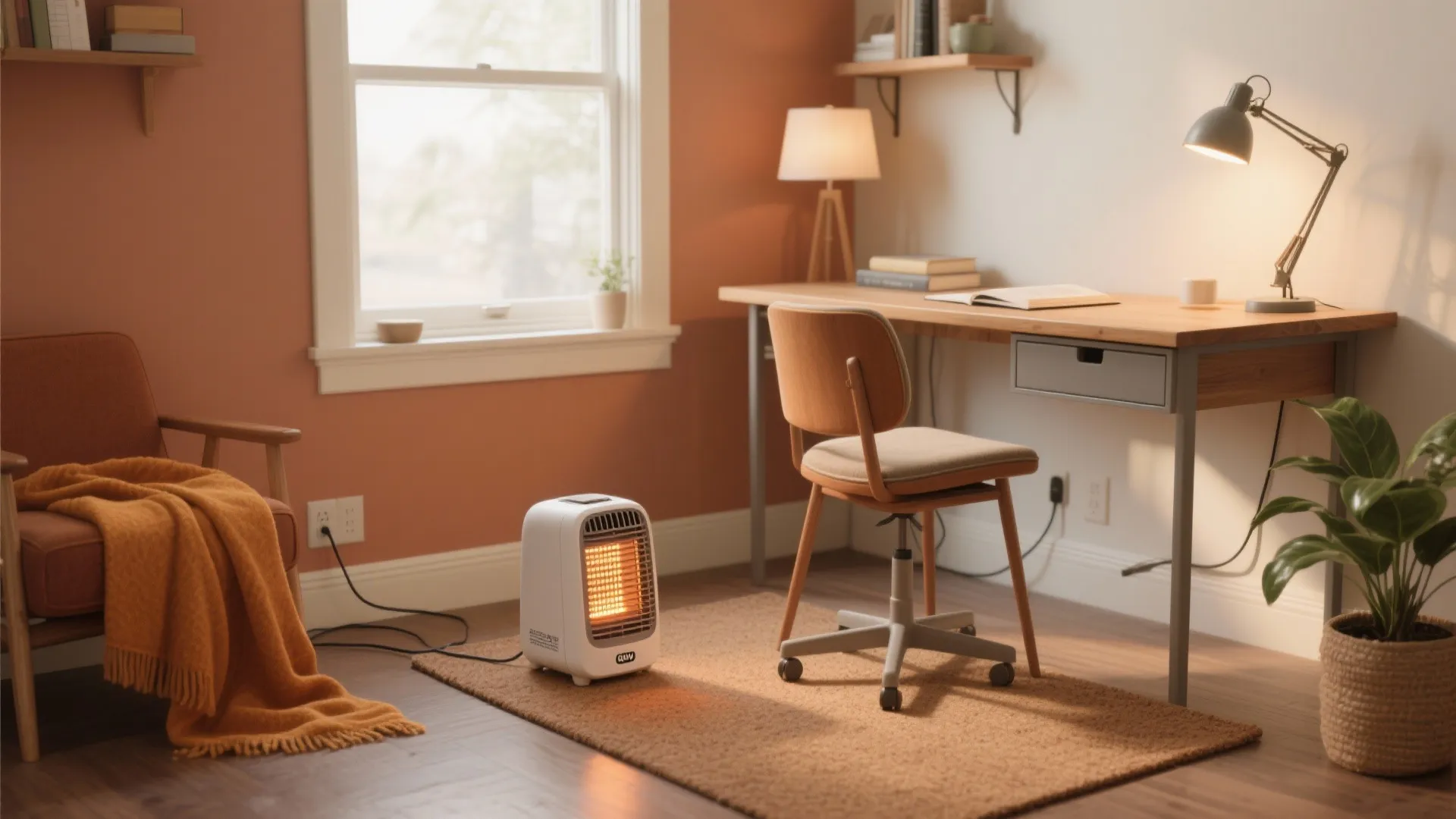 Small white heater on floor rug in warm home office with wooden desk and chair