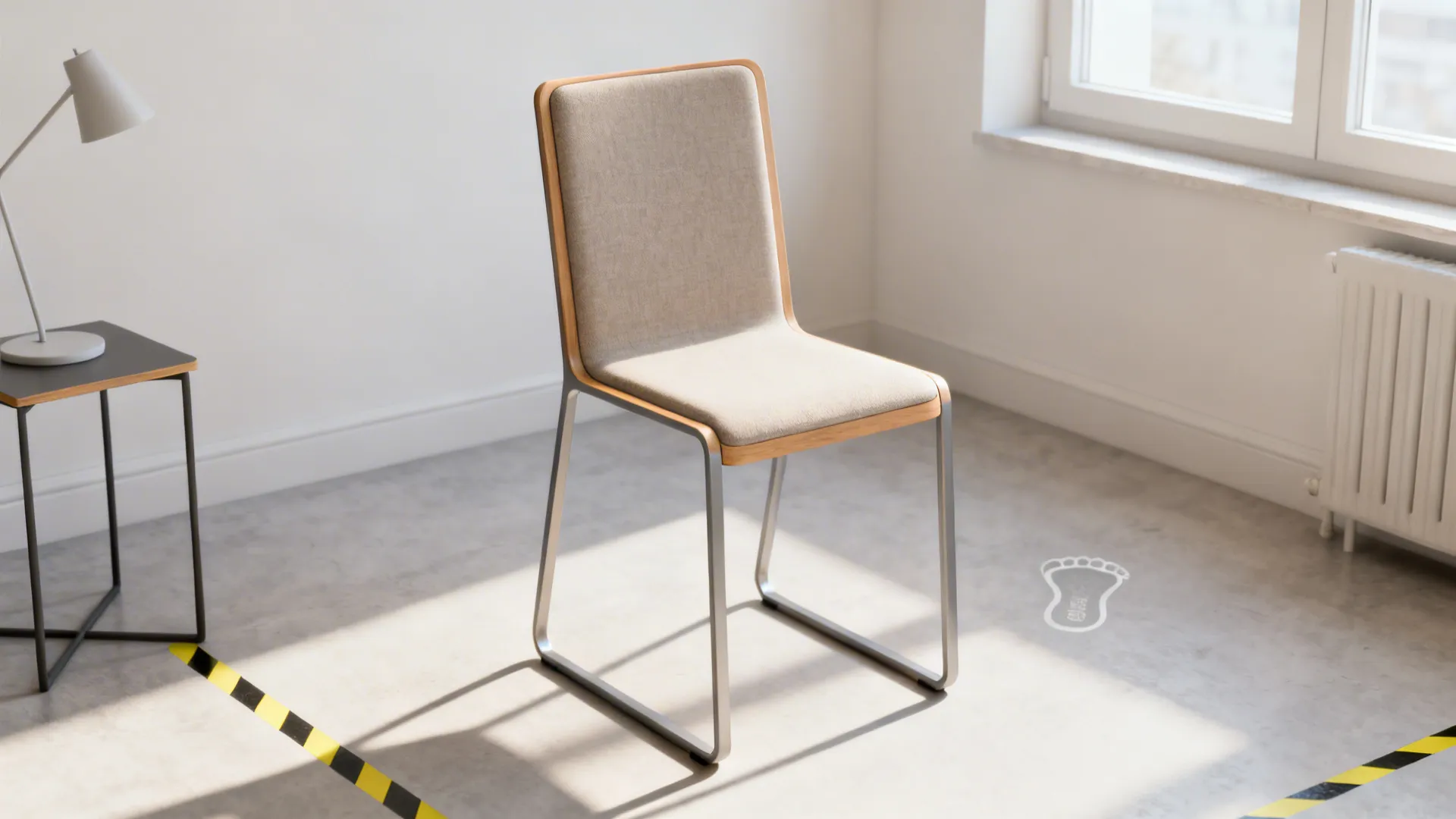 Slim-frame compact high-back chair in a studio layout showing a small footprint and airy placement.
