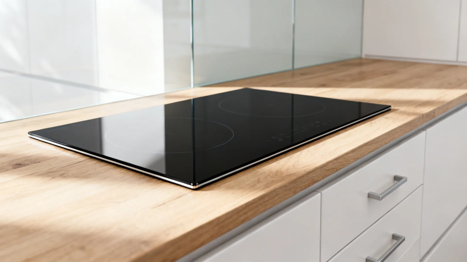 Close-up of a flush 2-zone induction hob on a light oak counter in a minimalist kitchen.