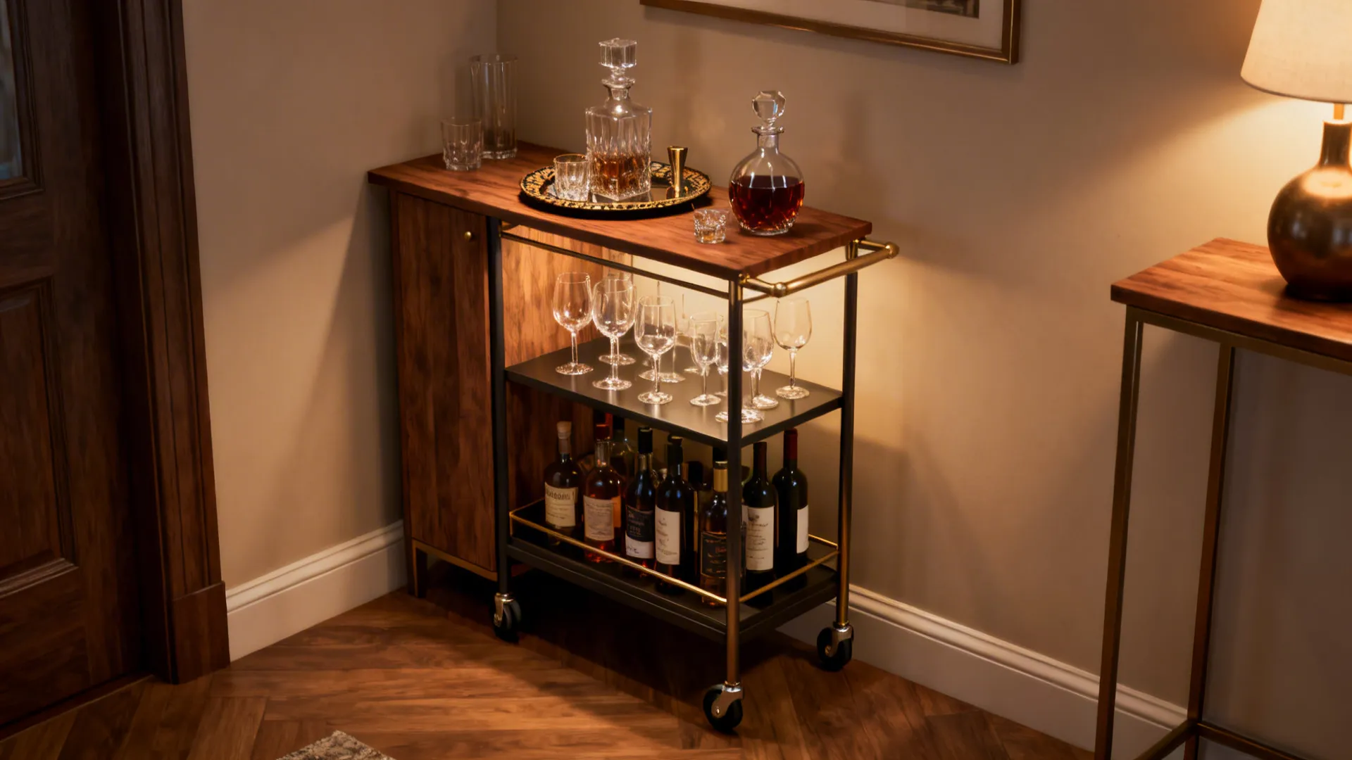 Slim console and bar cart styled as a compact beverage station in a corner.