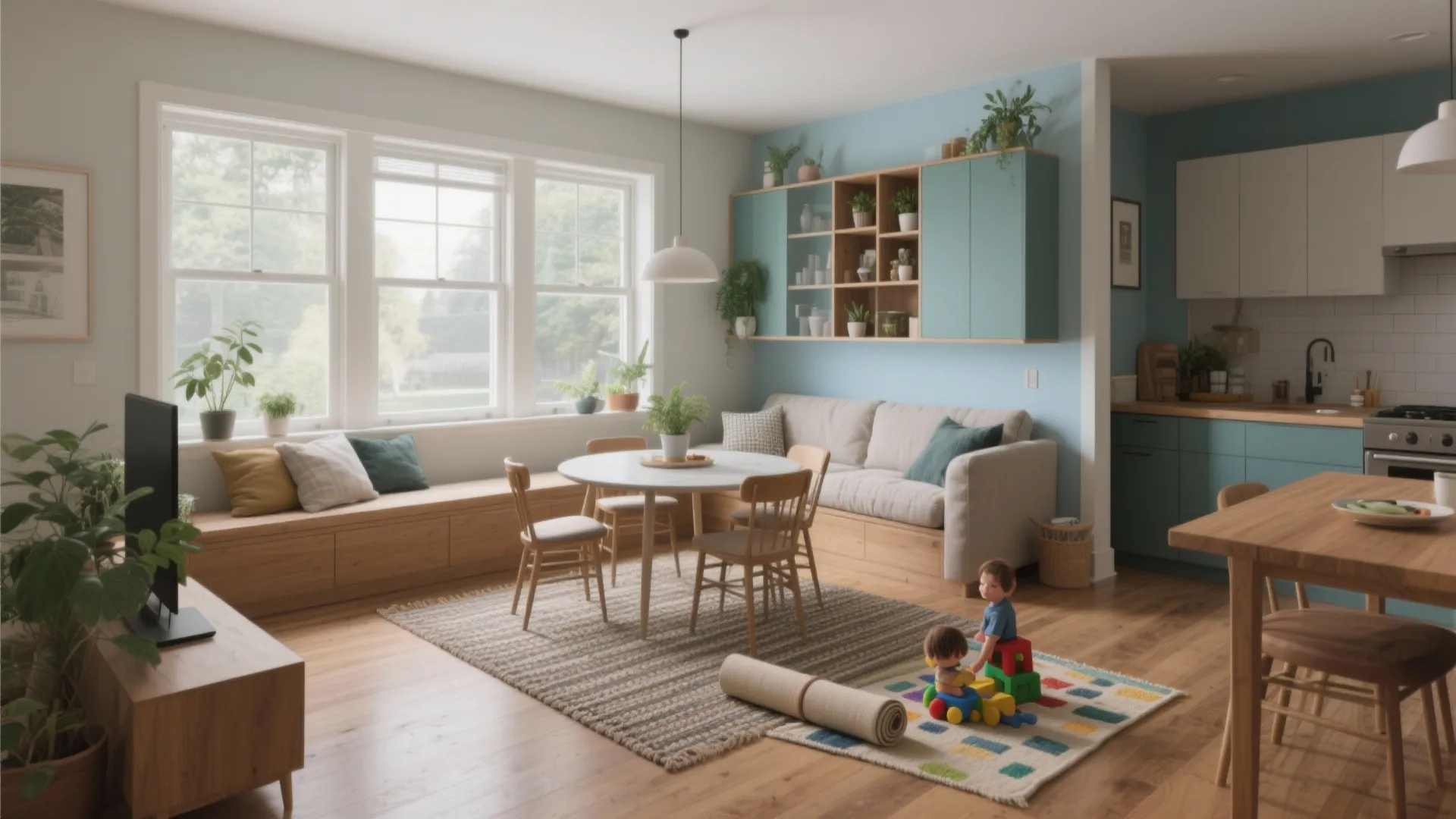 Modern bright living room with white round table, beige sofa, blue wall, and wooden furniture