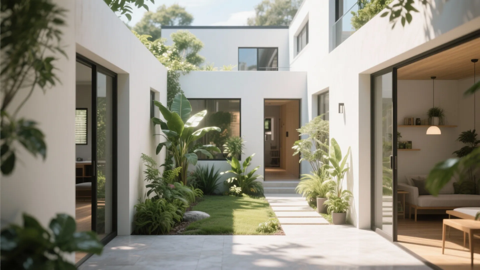 Modern white house featuring an inner courtyard with green grass tropical plants and sliding glass doors