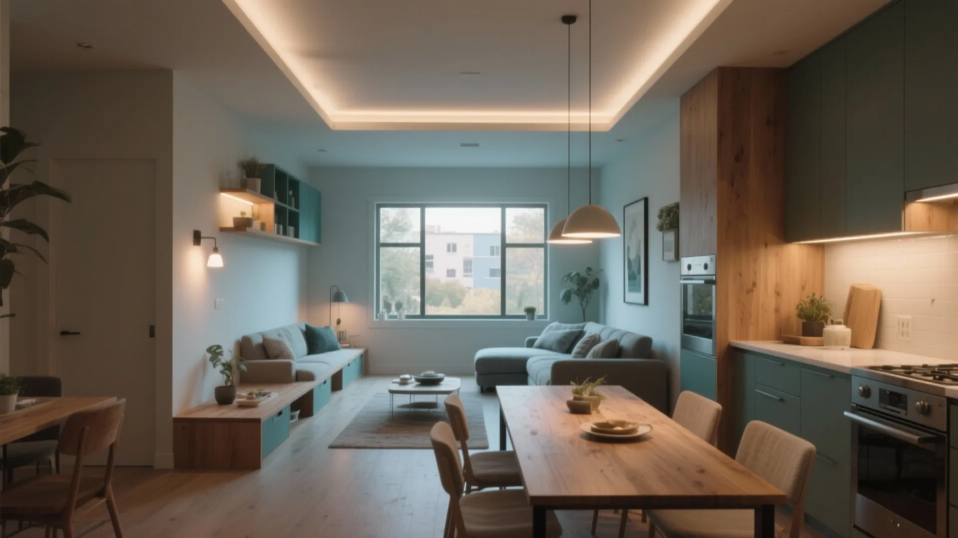 Modern open plan living room with wooden dining table grey sofa and dark green cabinets