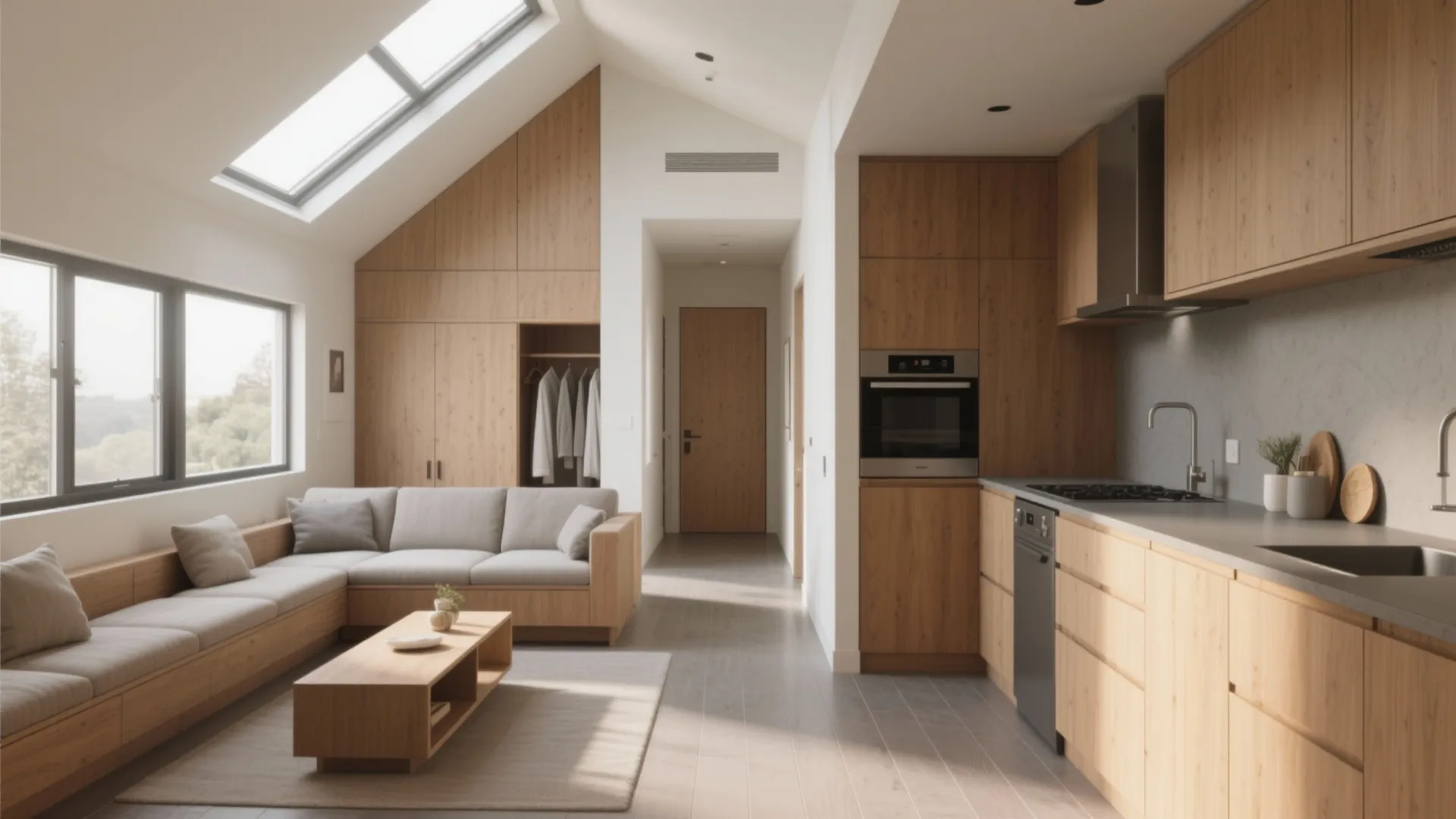 Modern small apartment with wooden kitchen cabinets grey sofa coffee table and bright roof window
