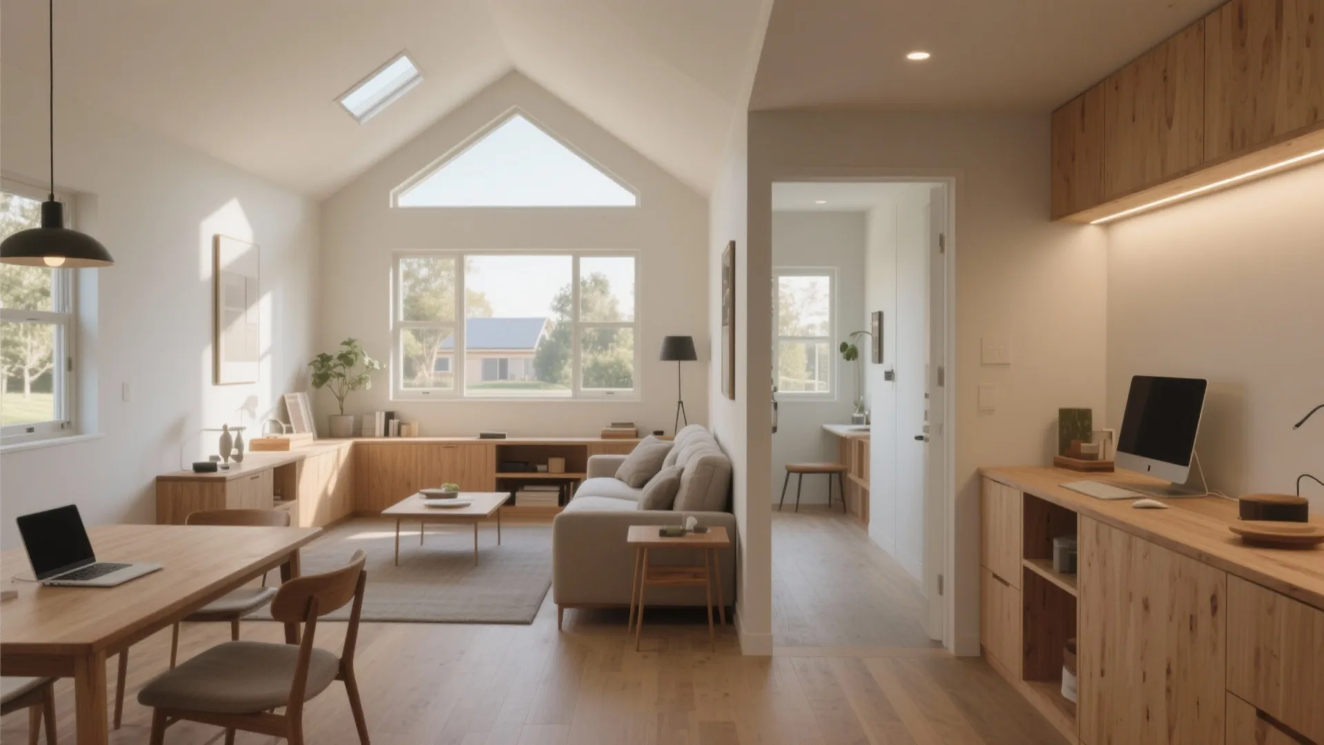 Modern living room with grey sofa wooden storage large windows roof window and bright workspace