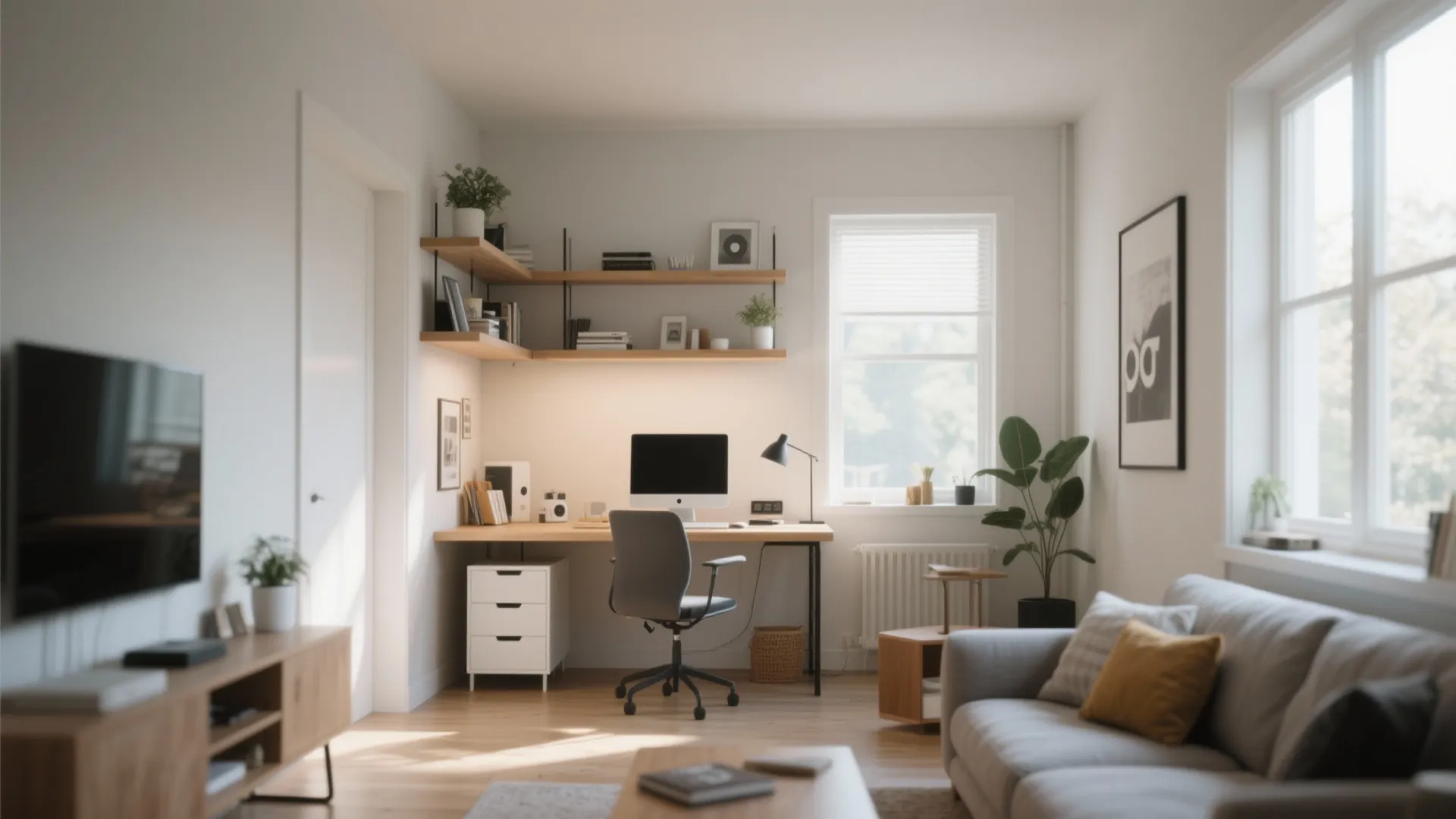 Small office nook with shelves in living room corner