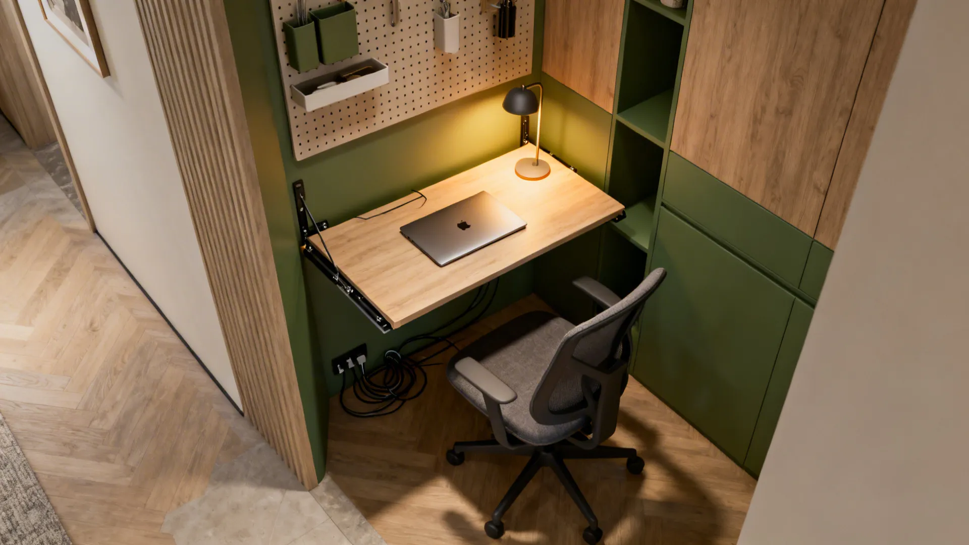 Narrow fold-down desk home office with wall storage in a living room corner