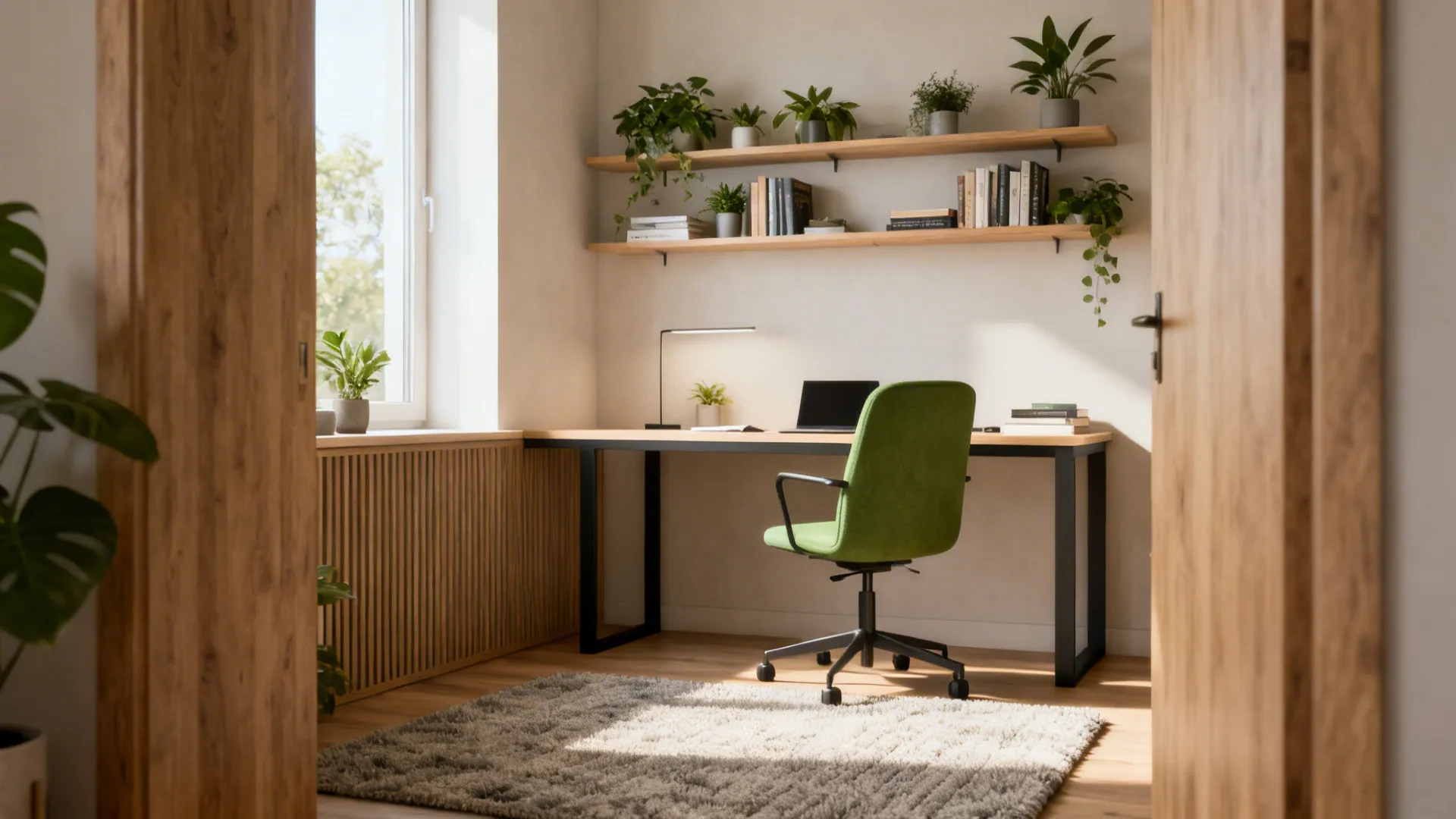 Compact home office corner with floating shelves, desk, and task chair in a front living room.