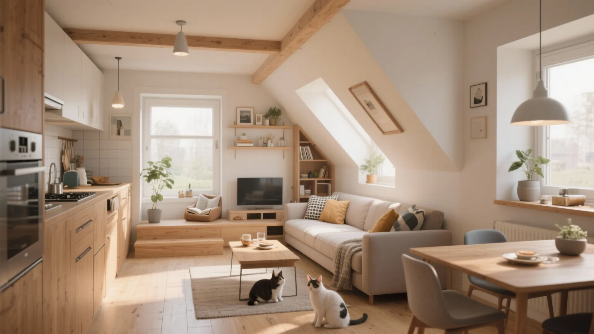 Cozy attic living room and kitchen area with wooden furniture roof window and two cats