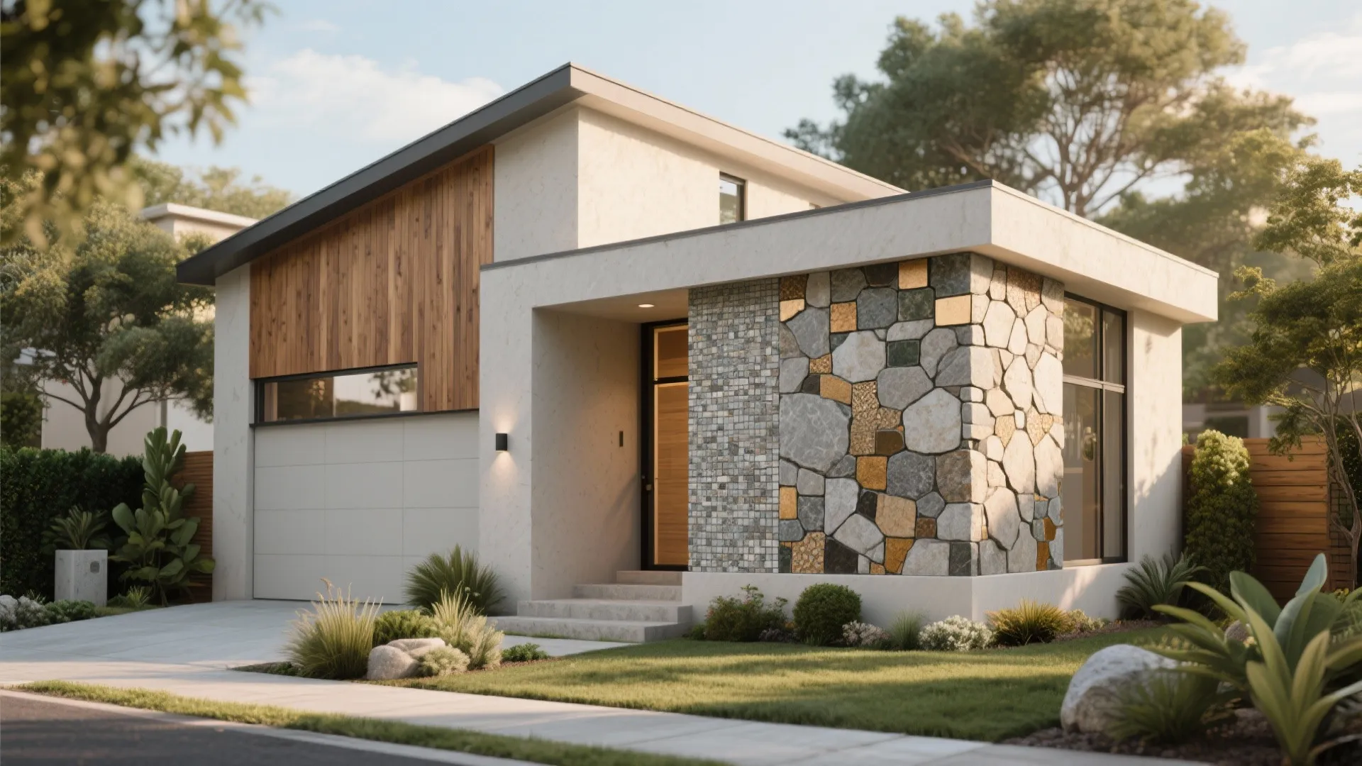 Contemporary one story home with stone accent wall wooden siding white plaster and a green lawn