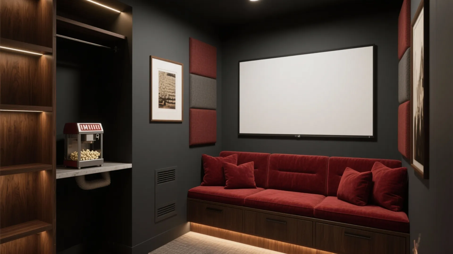 Small home theater room with red velvet sofa white screen dark walls and popcorn machine