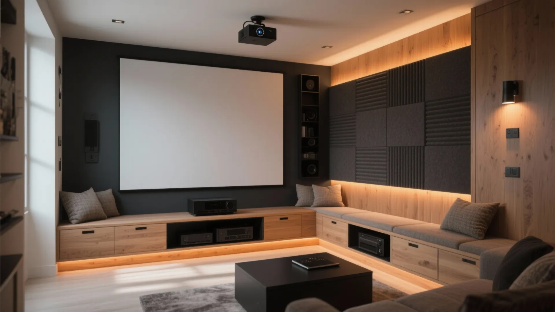 Modern home theater featuring large white screen wooden cabinets grey sofa and grey wall panels