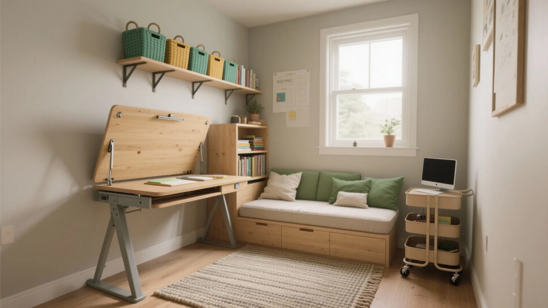 Compact home study room with wooden desk sofa bed wall shelves and rolling metal storage
