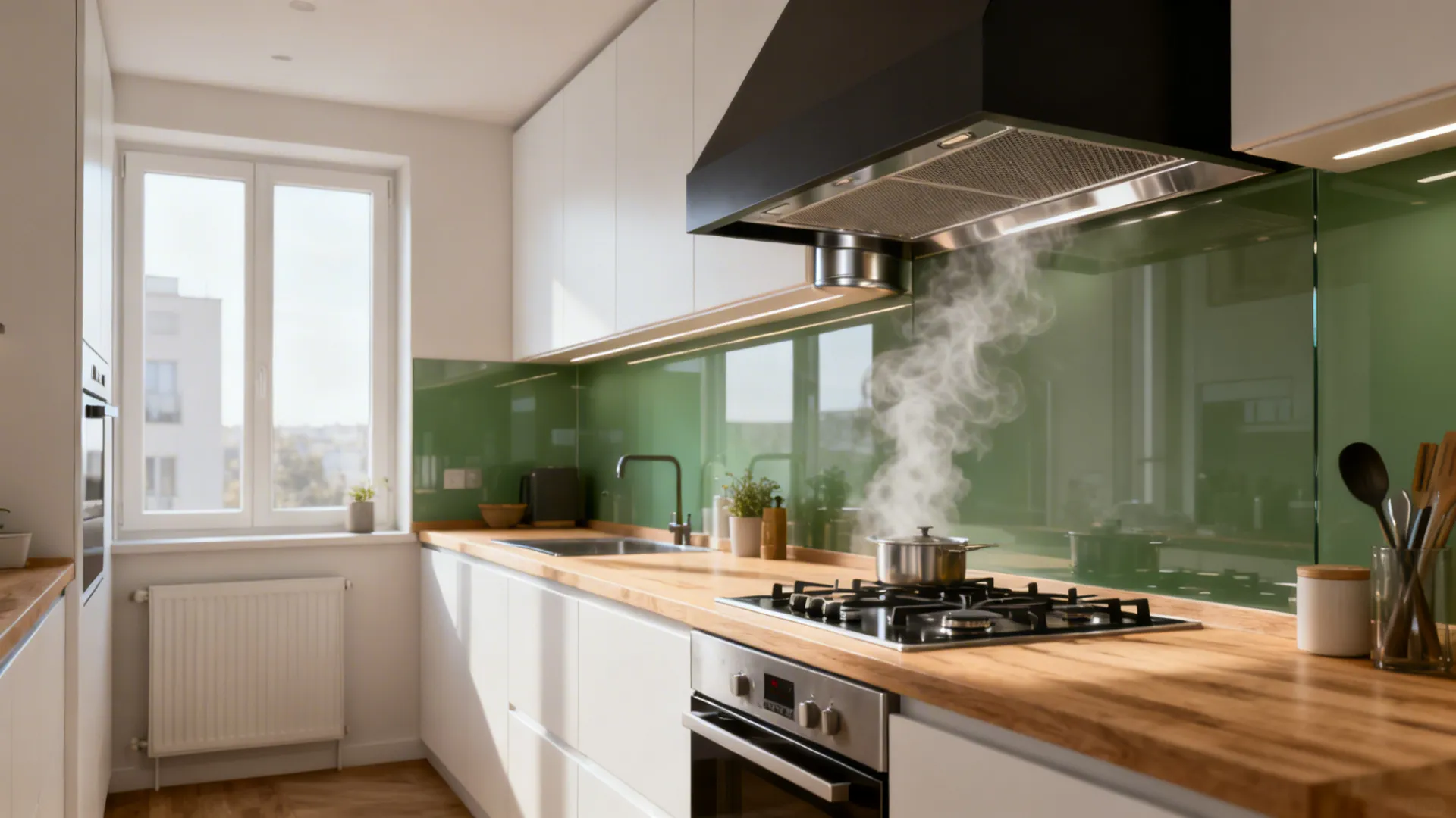 Modern kitchen with white cabinets green backsplash wood countertop and black hood extracting cooking steam