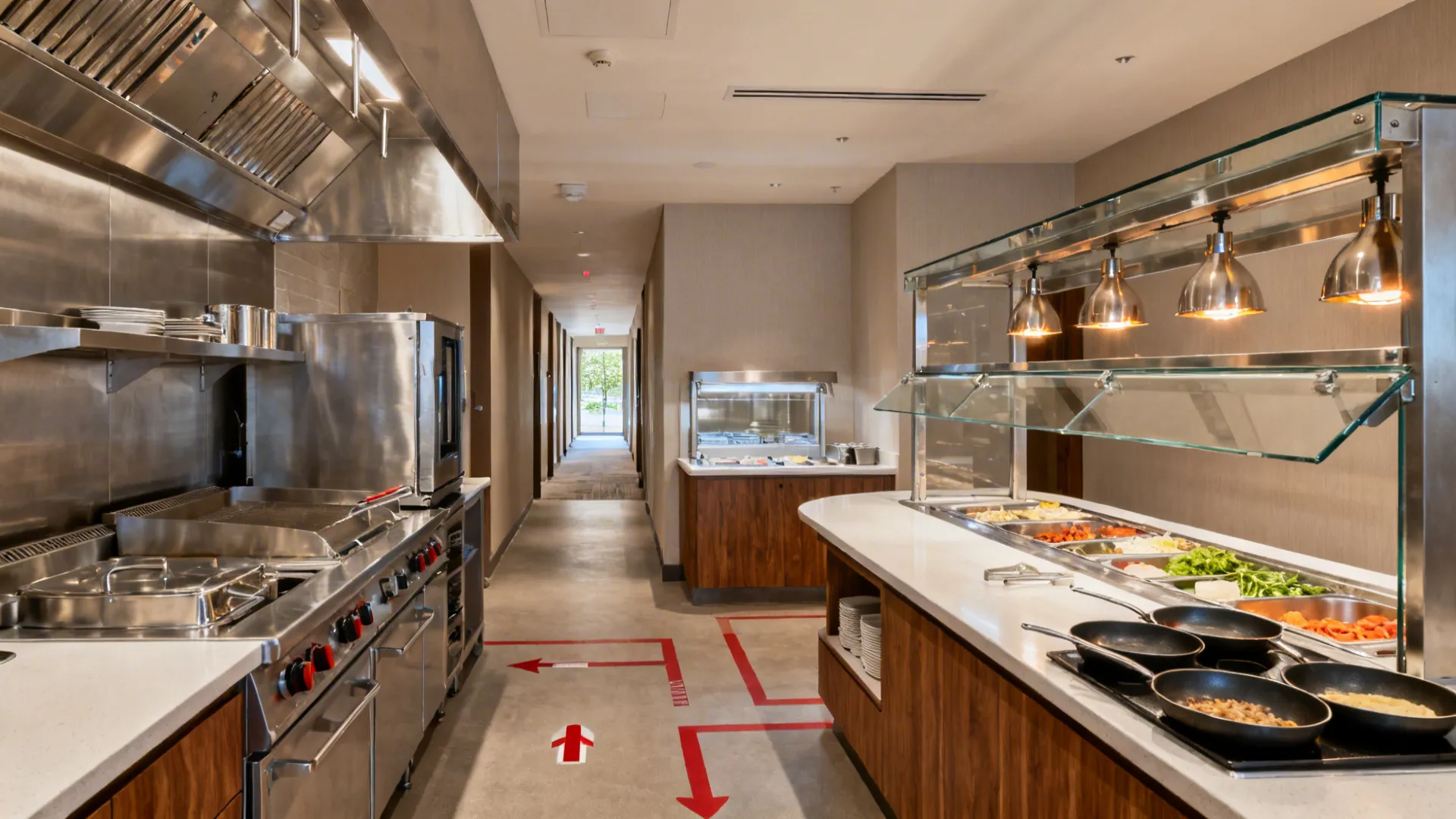 Narrow commercial kitchen aisle with stainless steel stoves food warmer counter and red floor arrows
