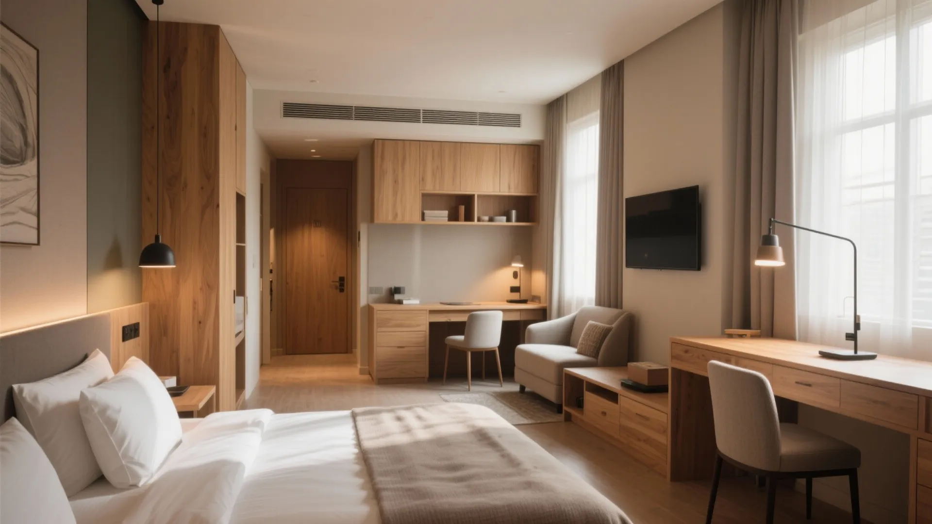 Hotel room with wood cabinets integrated desk and chair small sofa television and white bed
