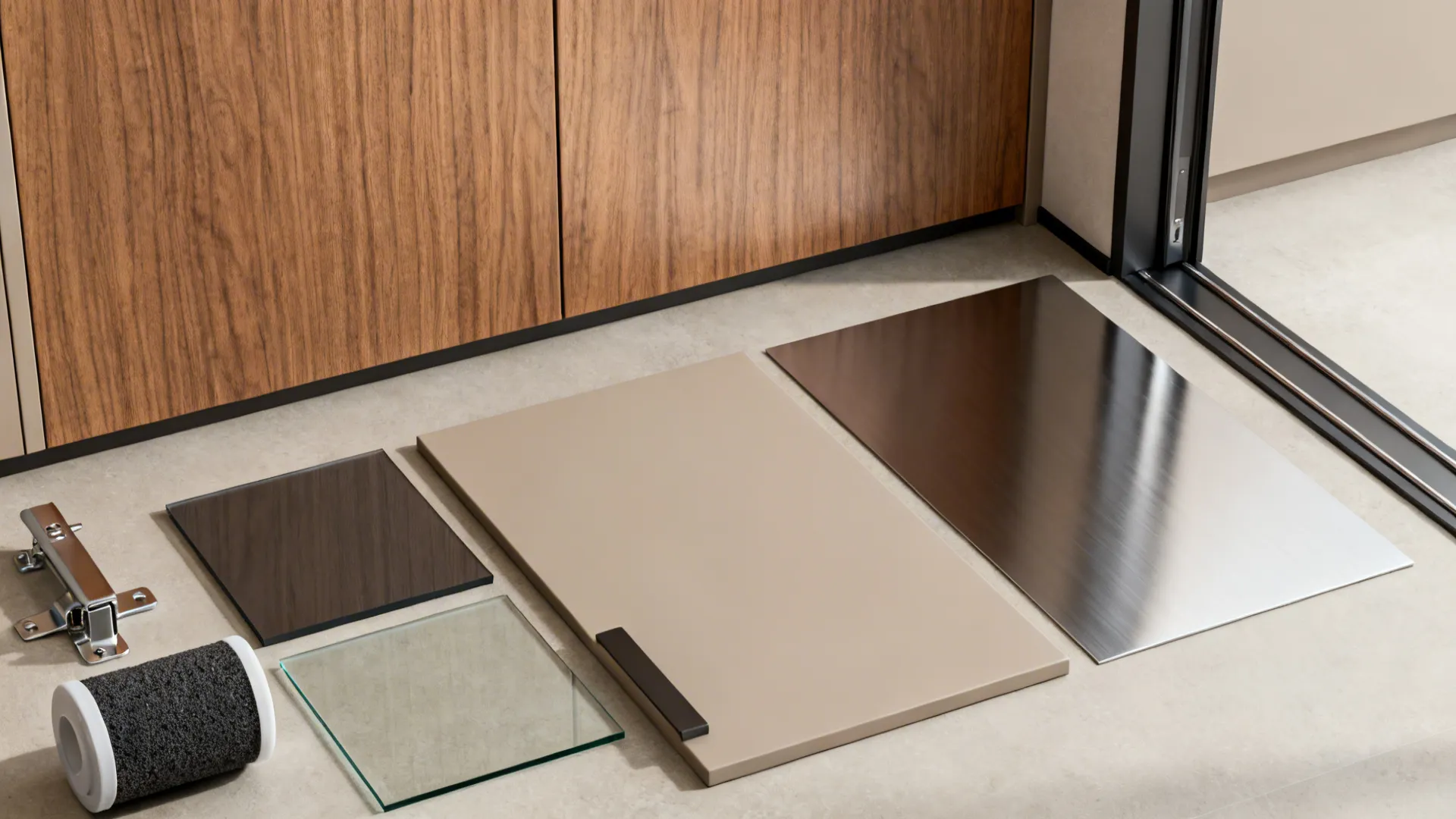 Material flat lay with wood veneer, matte cabinet sample, brushed stainless, glass, and sliding hardware.