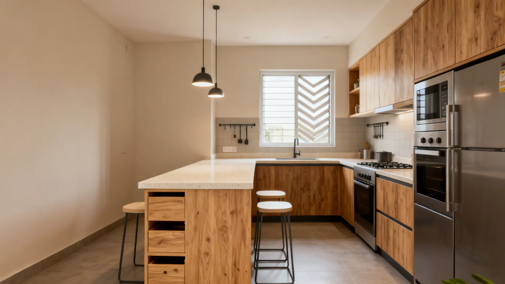 Modern kitchen with wooden cabinets white island bar stools black ceiling lights and stainless steel fridge