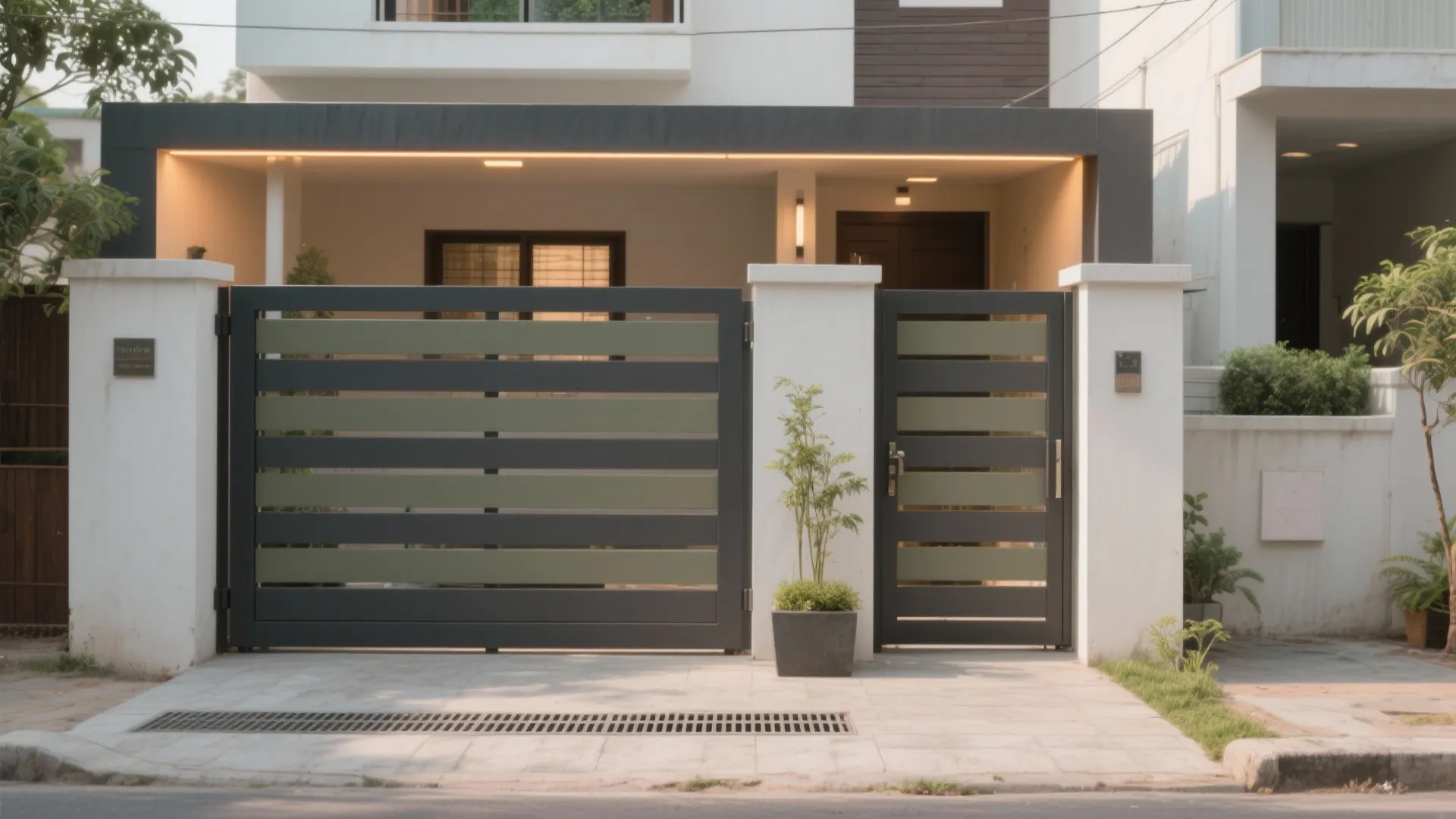 Modern dark grey front gate with wood panels for house entrance and warm outdoor lighting