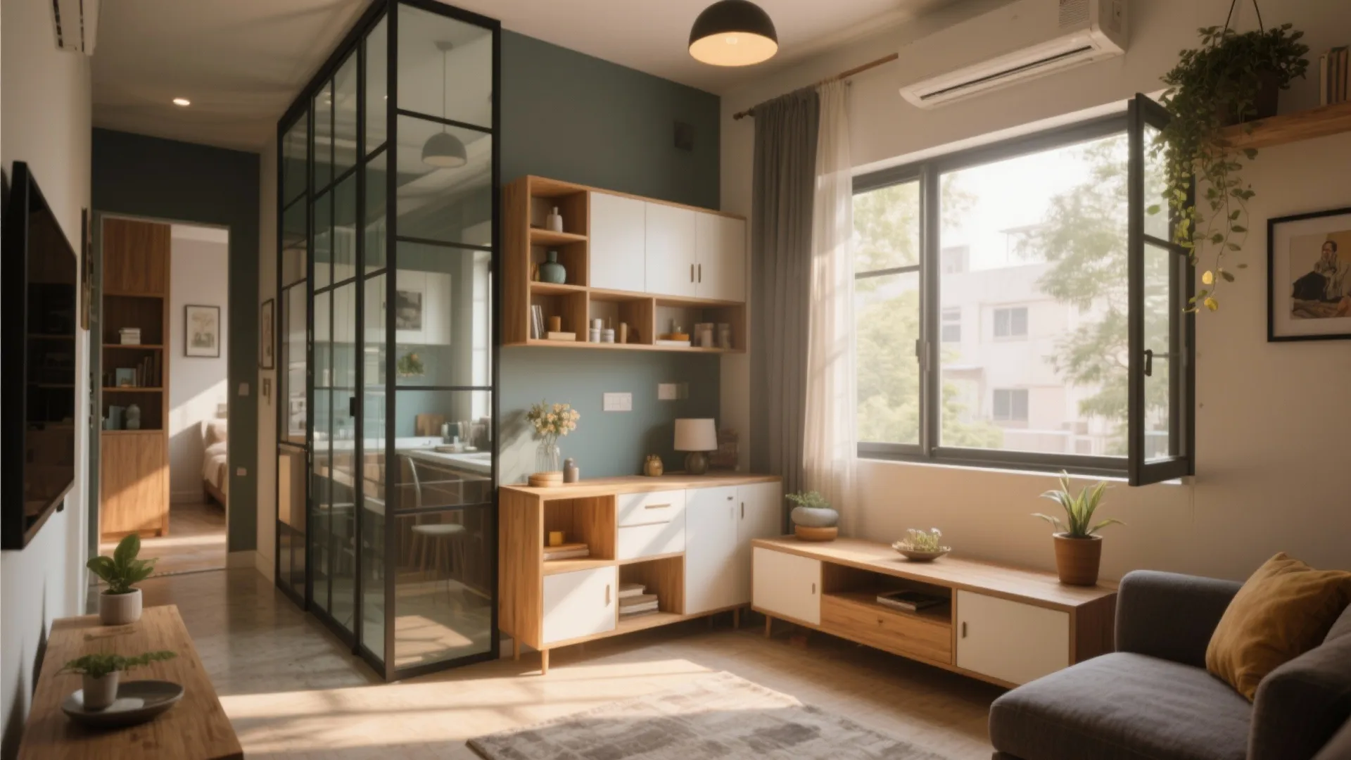 Small living room with grey sofa glass partition wall wooden storage cabinets and natural light