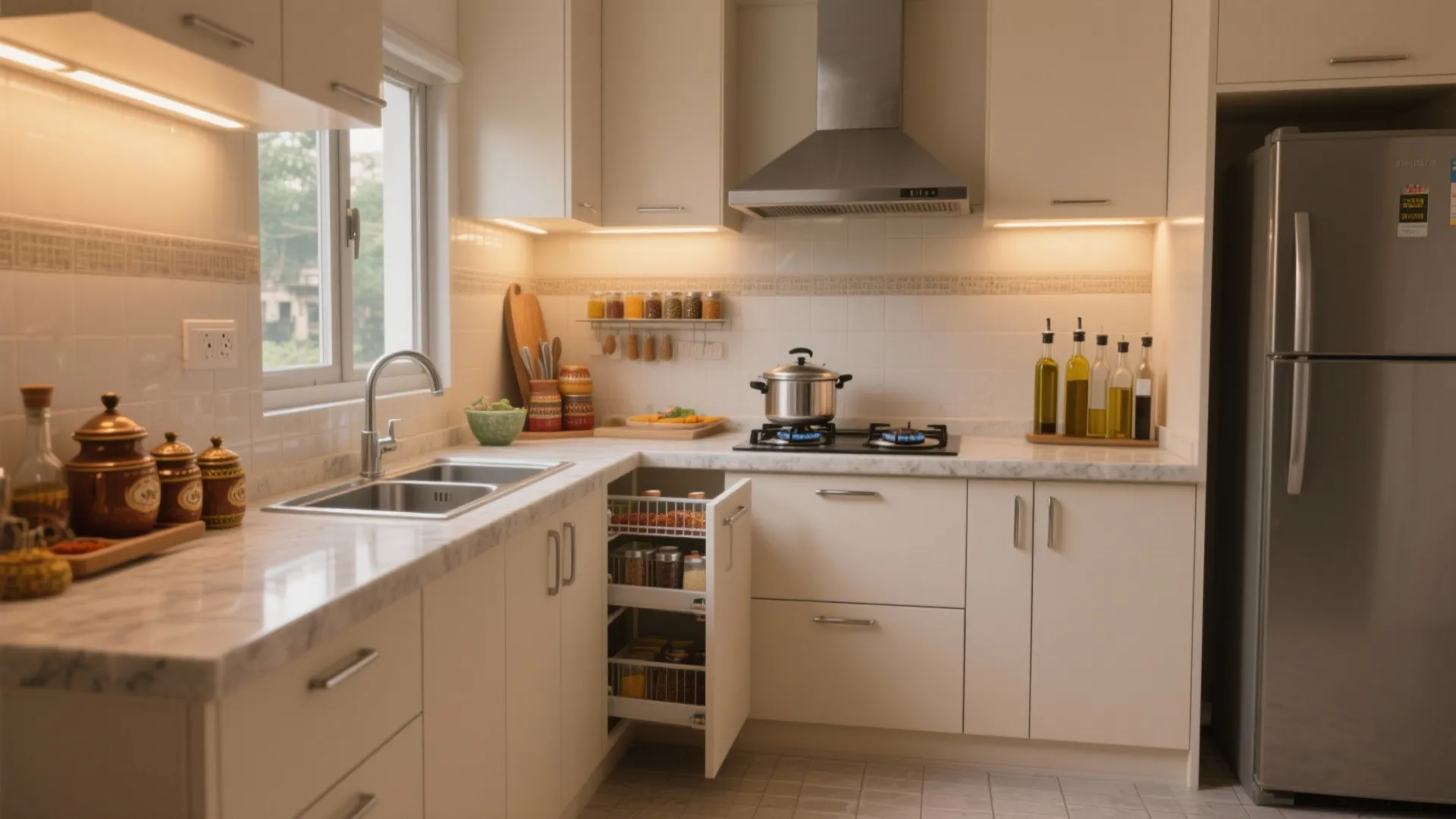 Modern cream kitchen with pull-out spice rack white marble countertop silver sink and large refrigerator