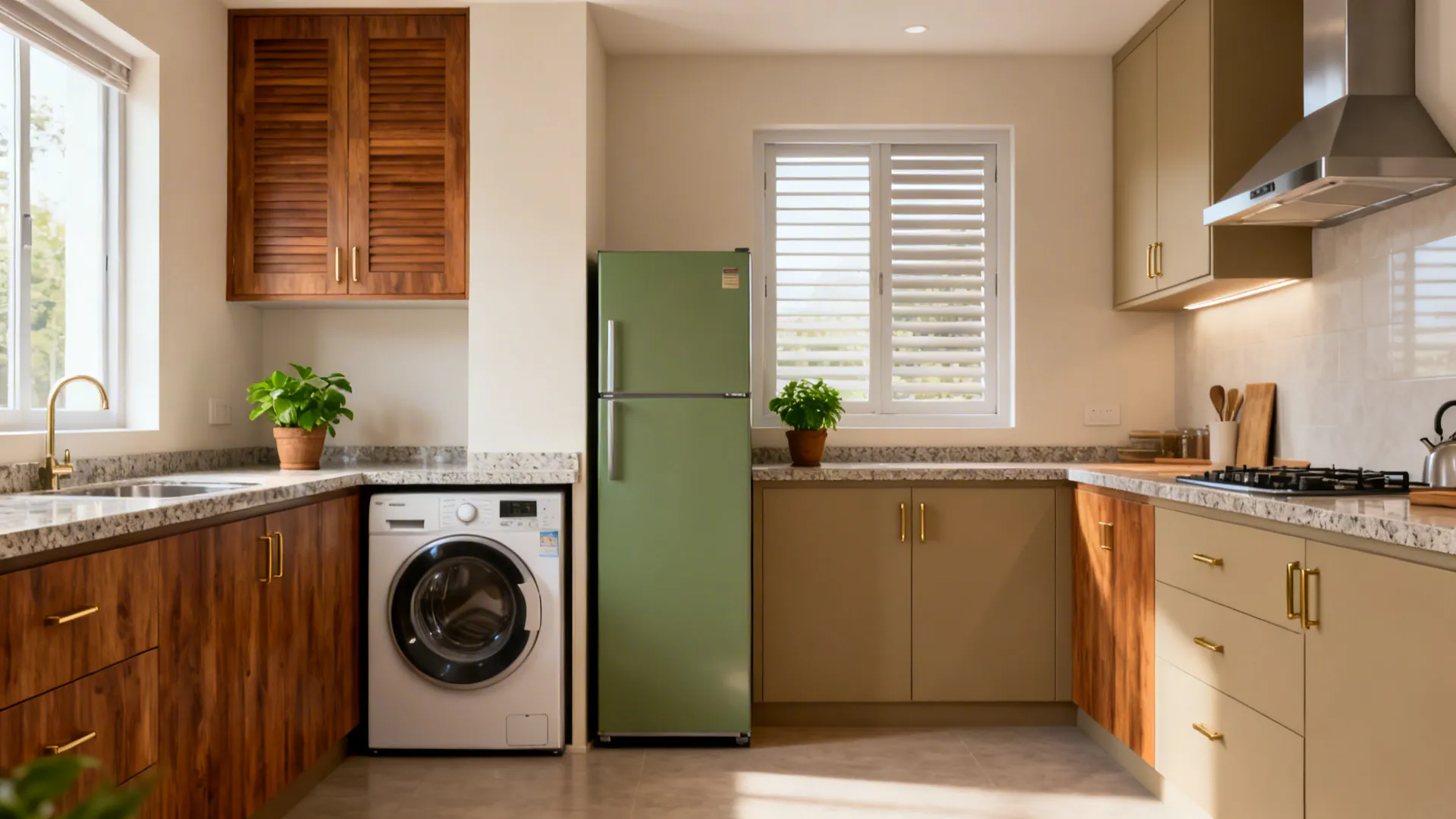 Indian kitchen design with washing machine and fridge: 5 smart ideas
