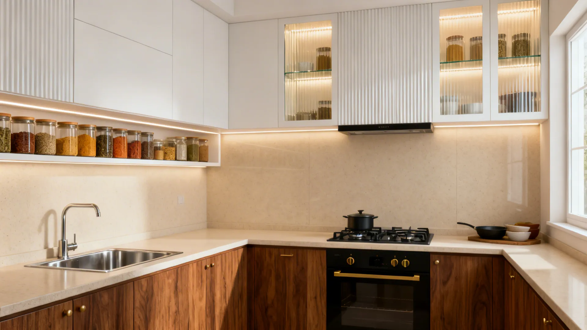 Modern kitchen with white upper cabinets, wood lower cabinets, sink, gas stove, and spice jars