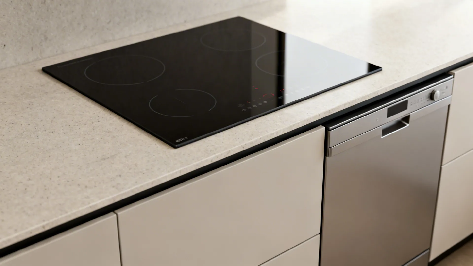 Macro view of a 45 cm induction cooktop and seamless panel-ready dishwasher.