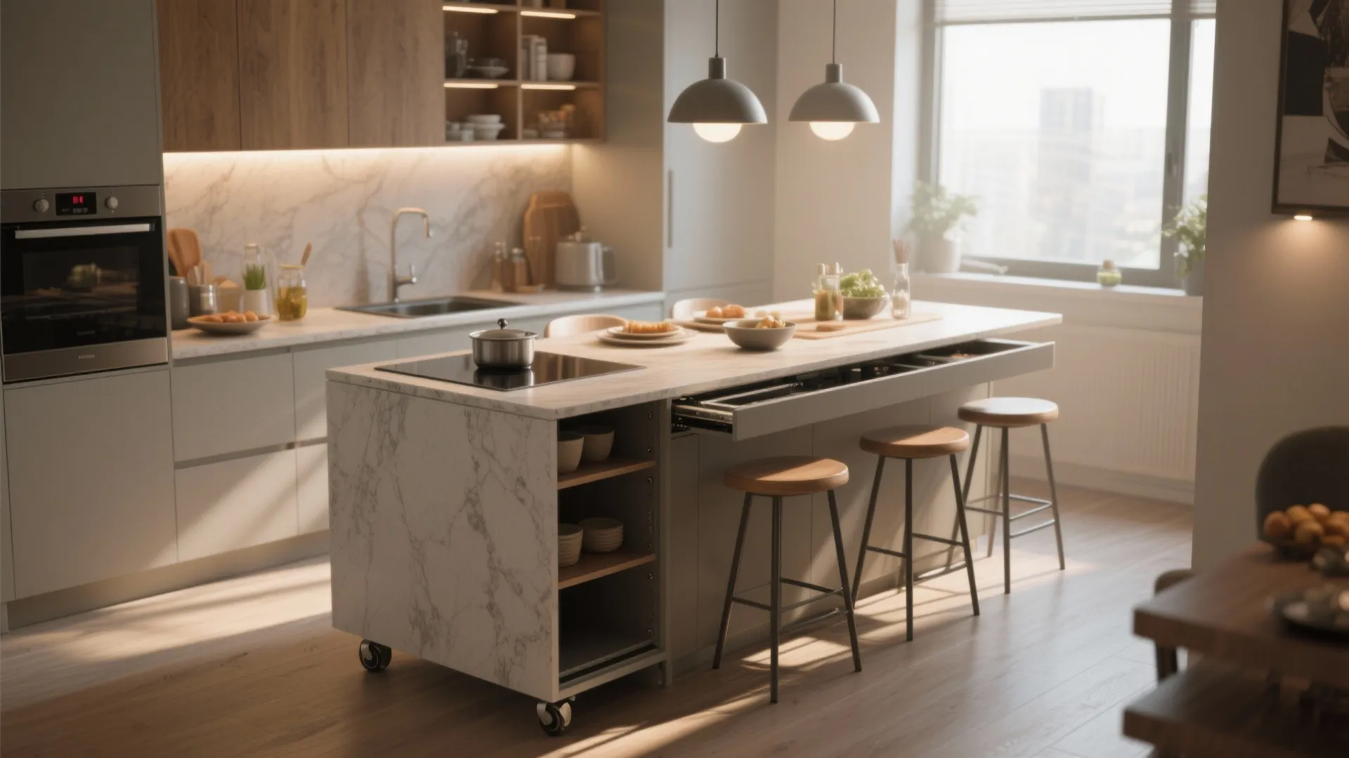 Slim compact island sliding out to form a dining table with stools, showing multifunction design and storage.