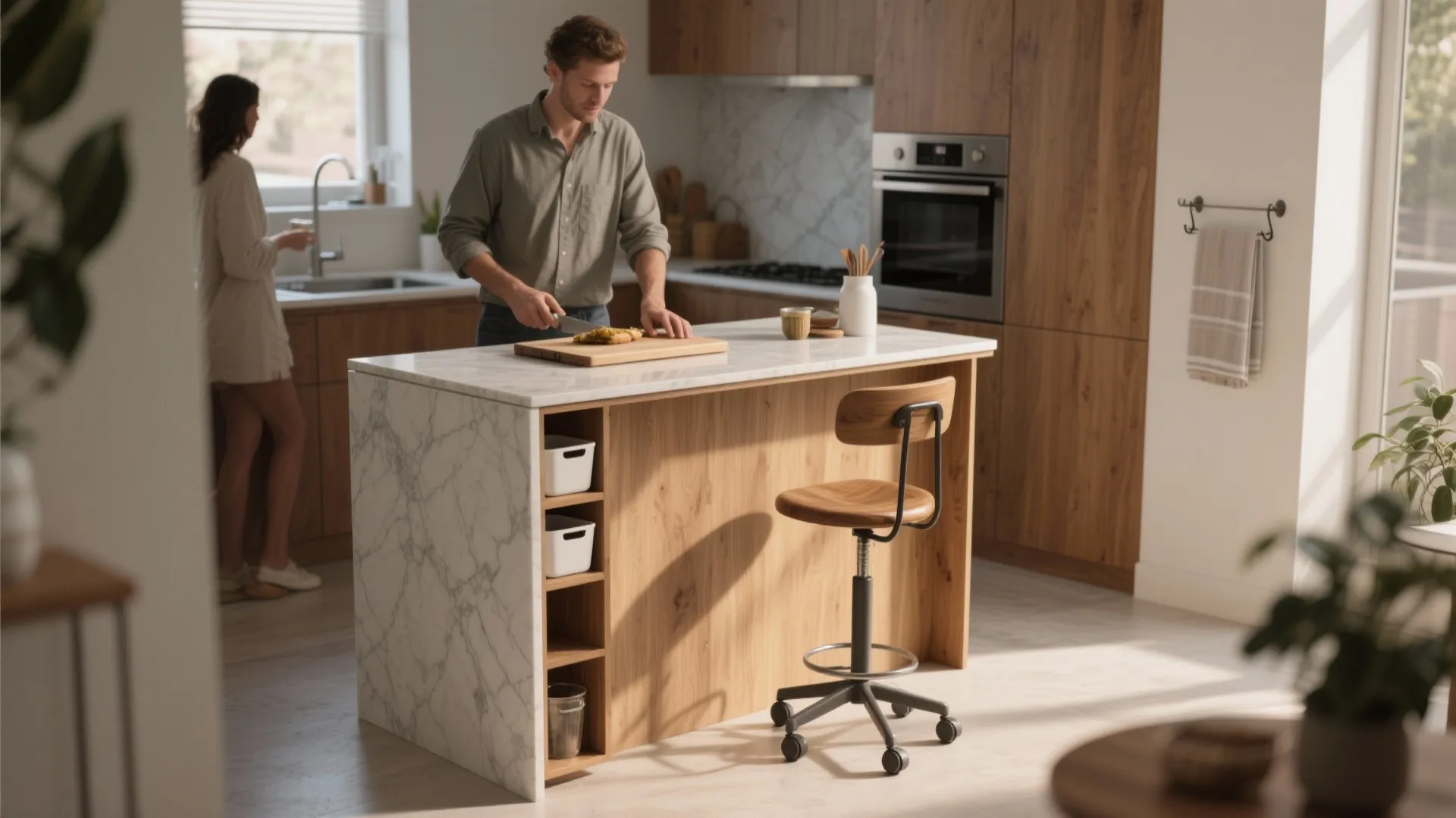 Man preparing food on a marble kitchen island with wooden storage shelves and a chair