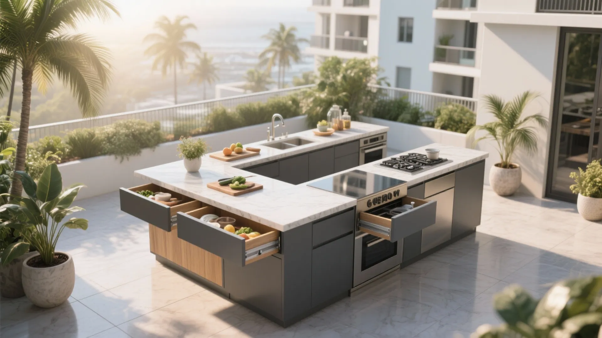 Compact multi-use outdoor kitchen island with prep surface and hidden storage on a terrace