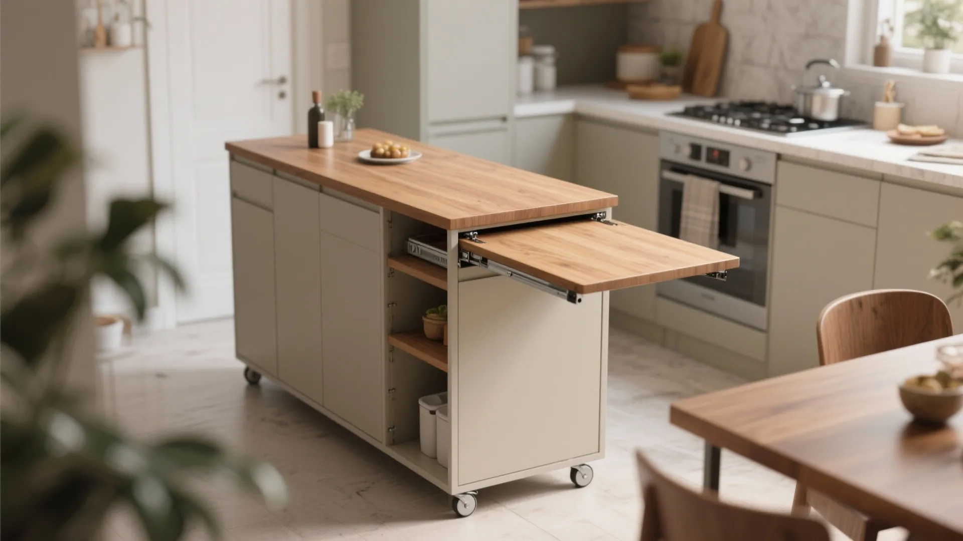 Moveable kitchen island with wooden top and pull out extension table for extra dining space