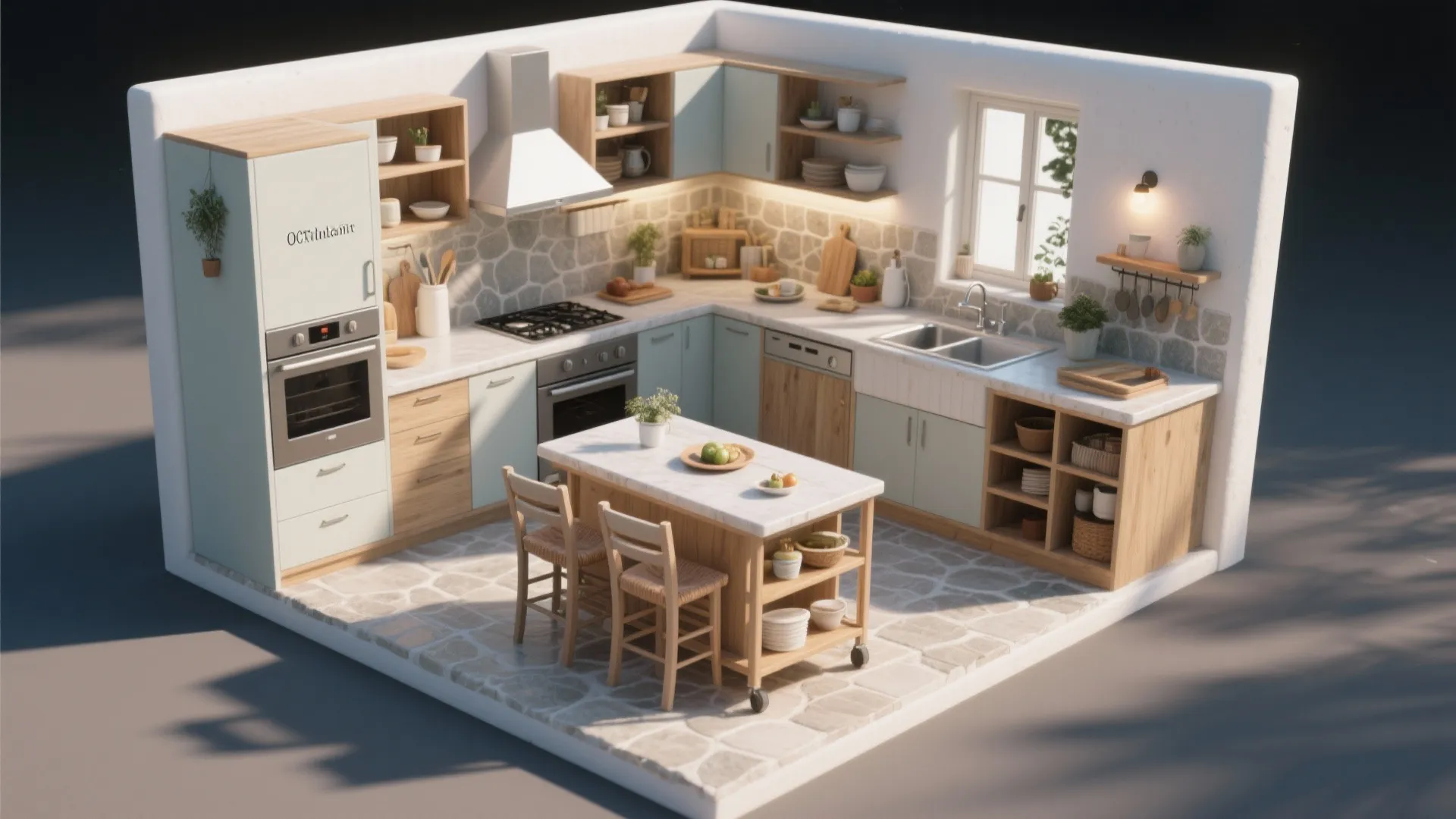 5. Compact island, hidden storage and flexible work zones