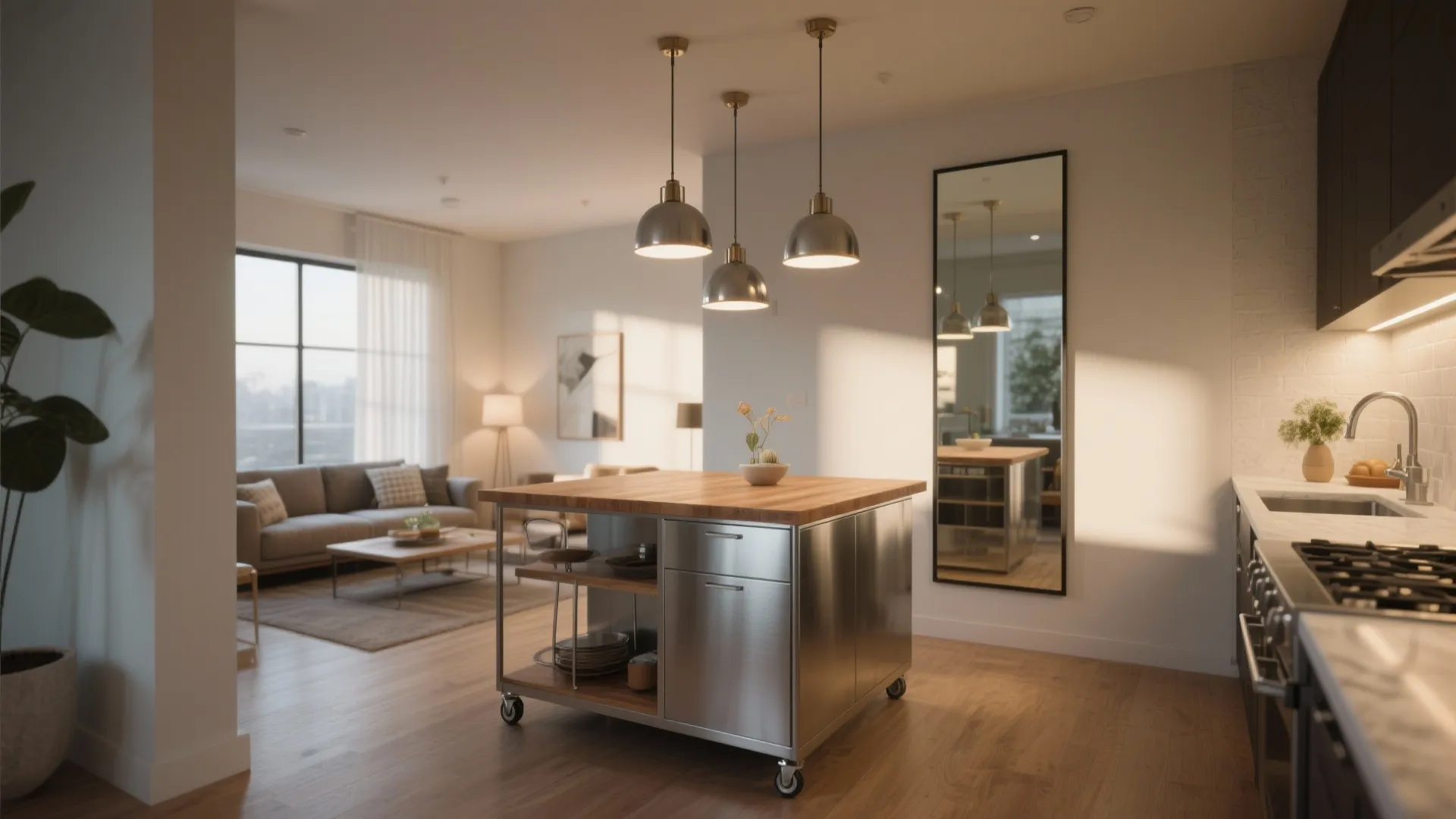 Narrow mobile kitchen island under scaled pendant lights with a large mirror reflecting the living area to enlarge a compact kitchen space.