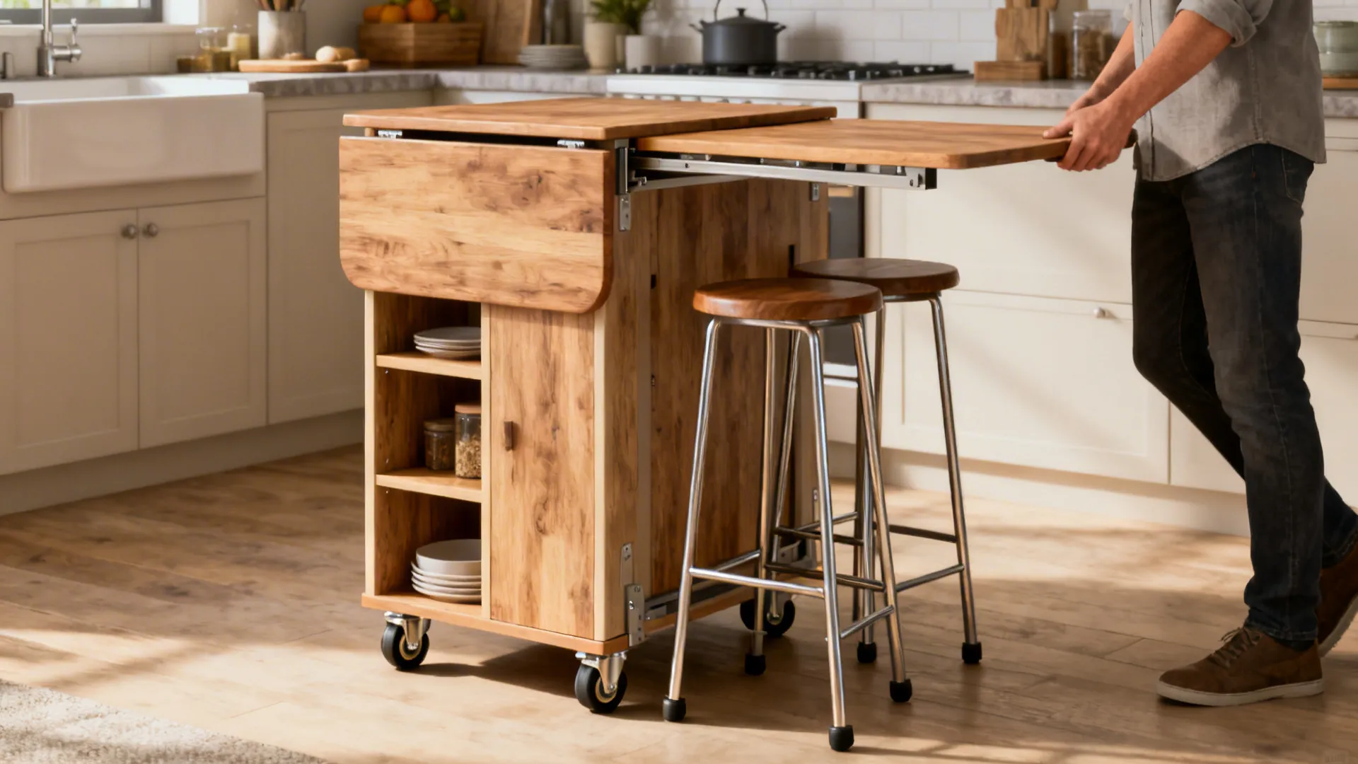 Small kitchen featuring a narrow multi-function island on casters with seating