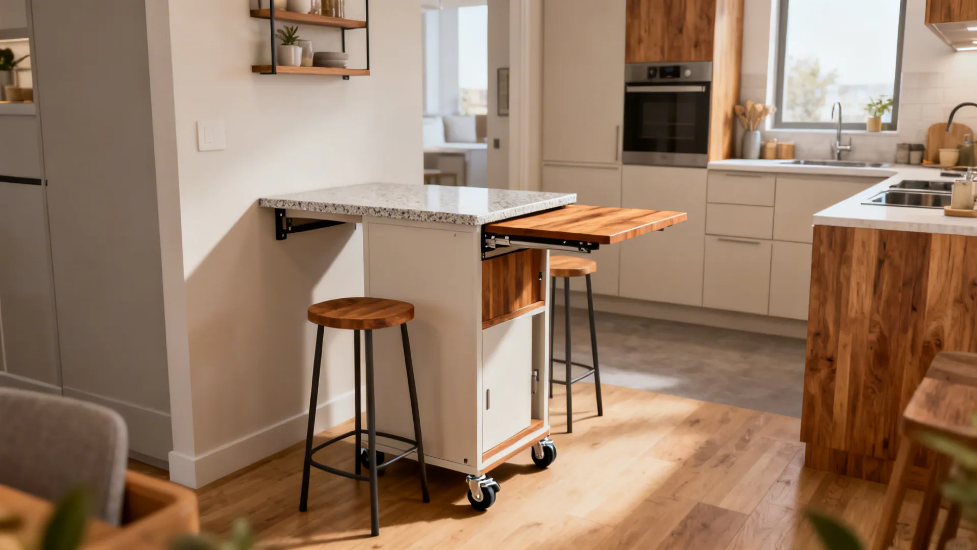 Small white kitchen island on wheels with folding wooden table top and two simple stools