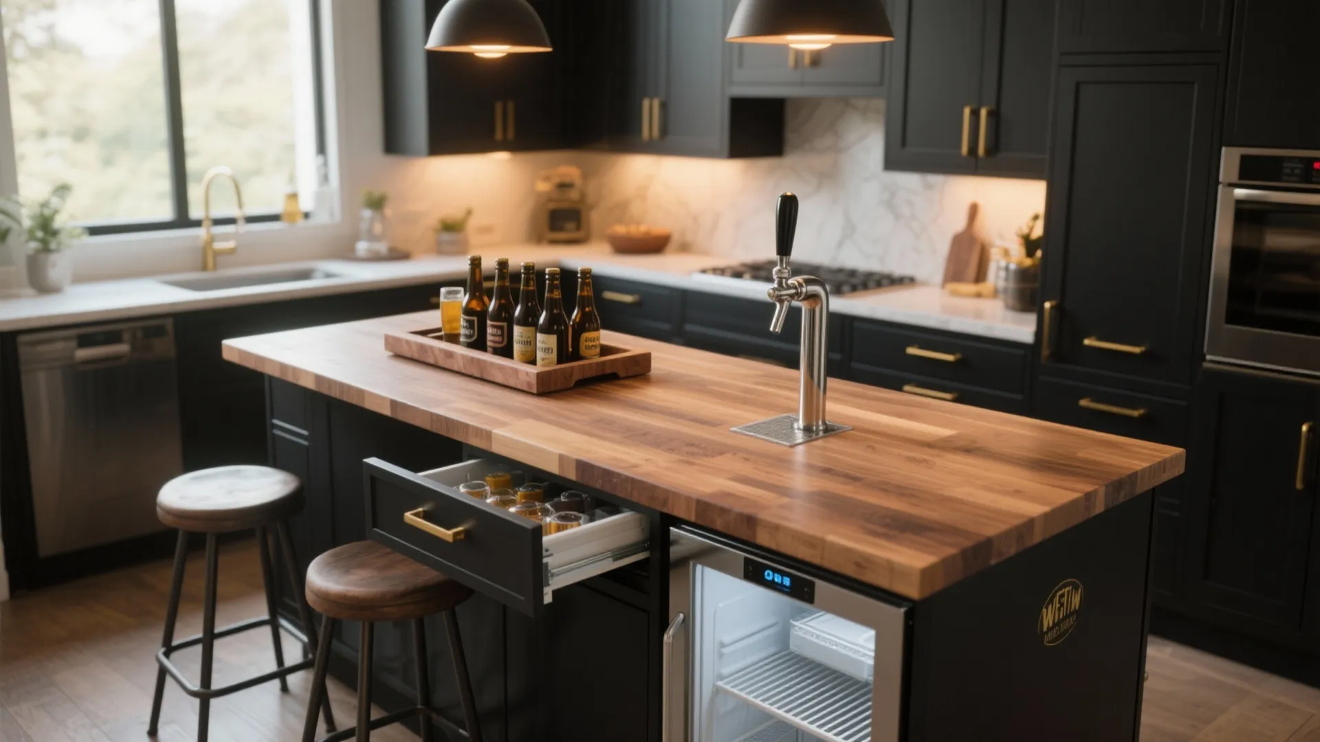 2. Compact island that doubles as a keg or drink station