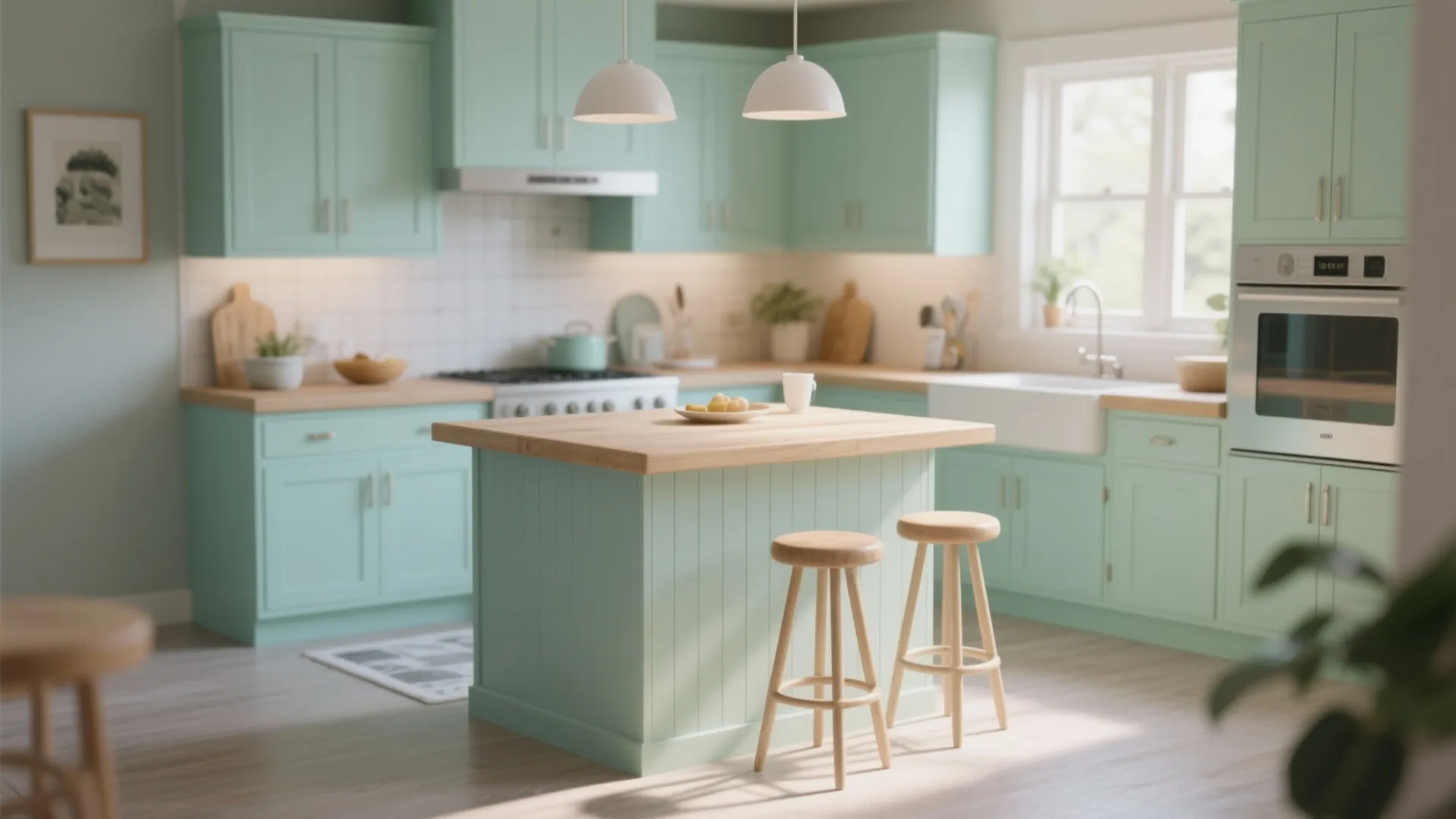 Modern kitchen with mint green cabinets wood countertops island with stools and white ceiling light fixtures