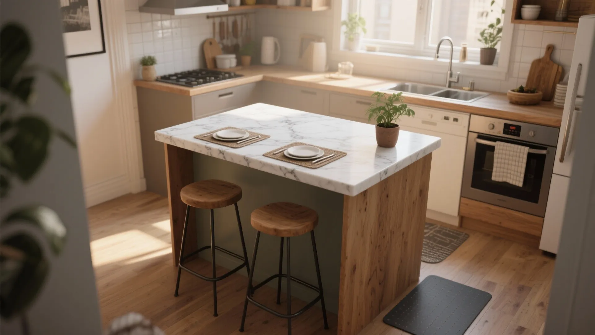 Modern kitchen with marble island counter two wooden stools green plant and warm natural light