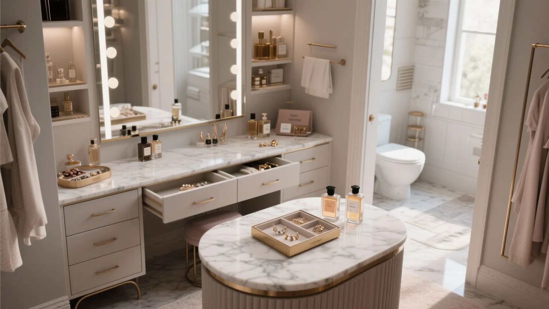 Elegant white dressing table with marble top jewelry island lighted mirror and nearby toilet area