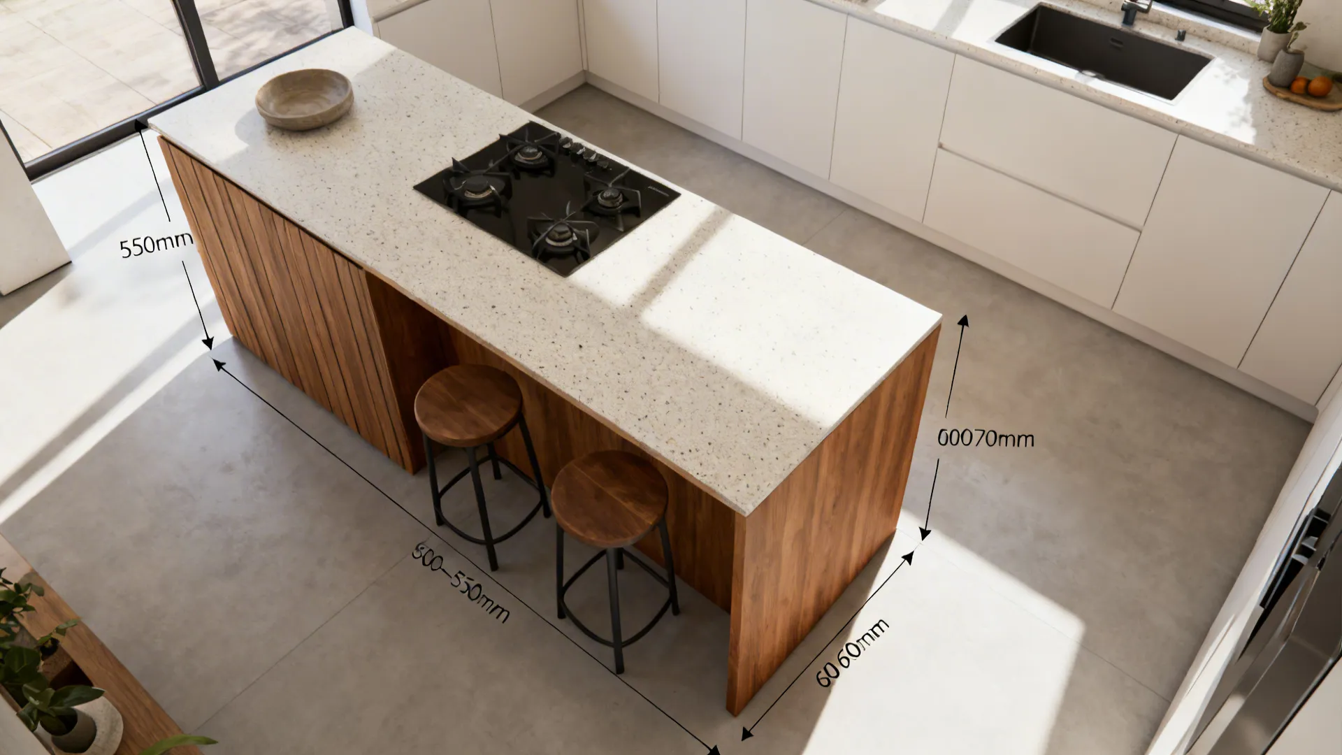 Top-down plan view of L-shaped kitchen with slim island and clear aisles for circulation.