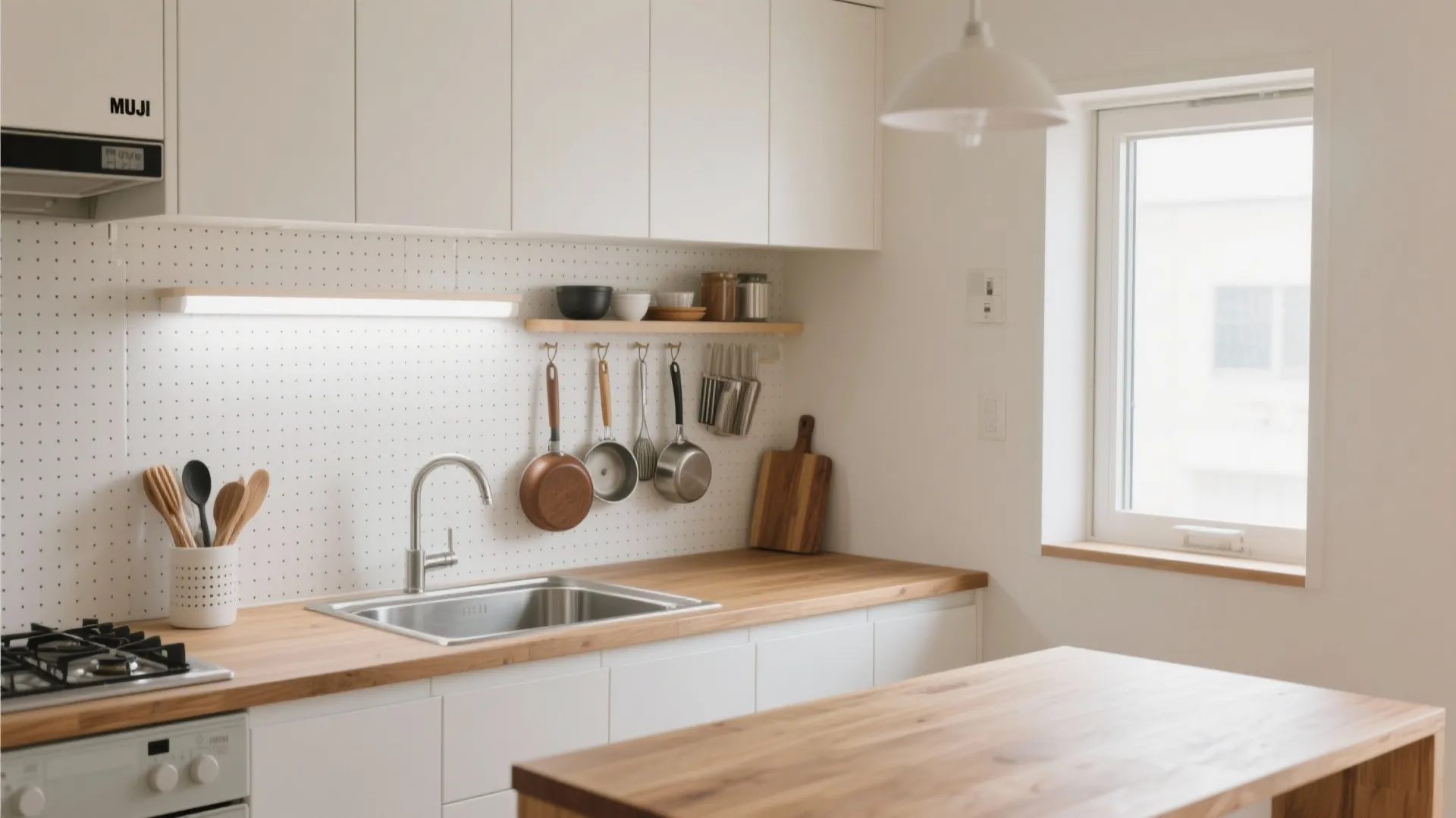 Tips 3: キッチンは“面で片づける”。日式風格の白と木で視線を整える