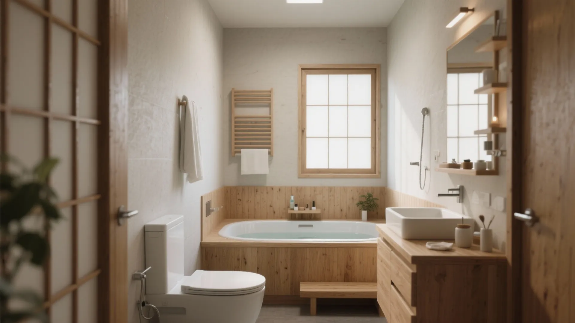 Small ensuite with Japanese-style soaking tub